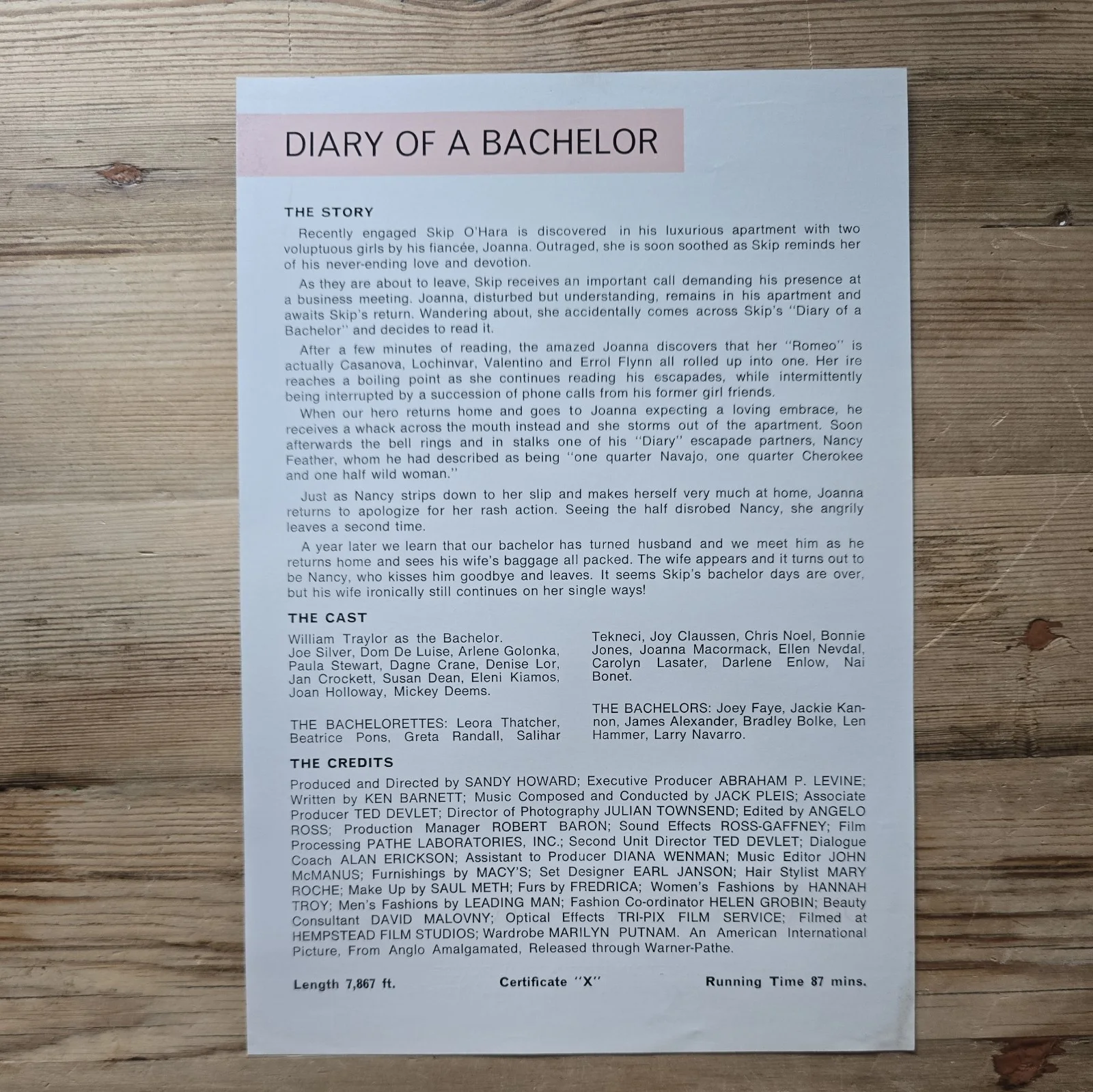 DIARY OF A BACHELOR press sheet 1969 William Traynor Arlene Golonka, изображение 2