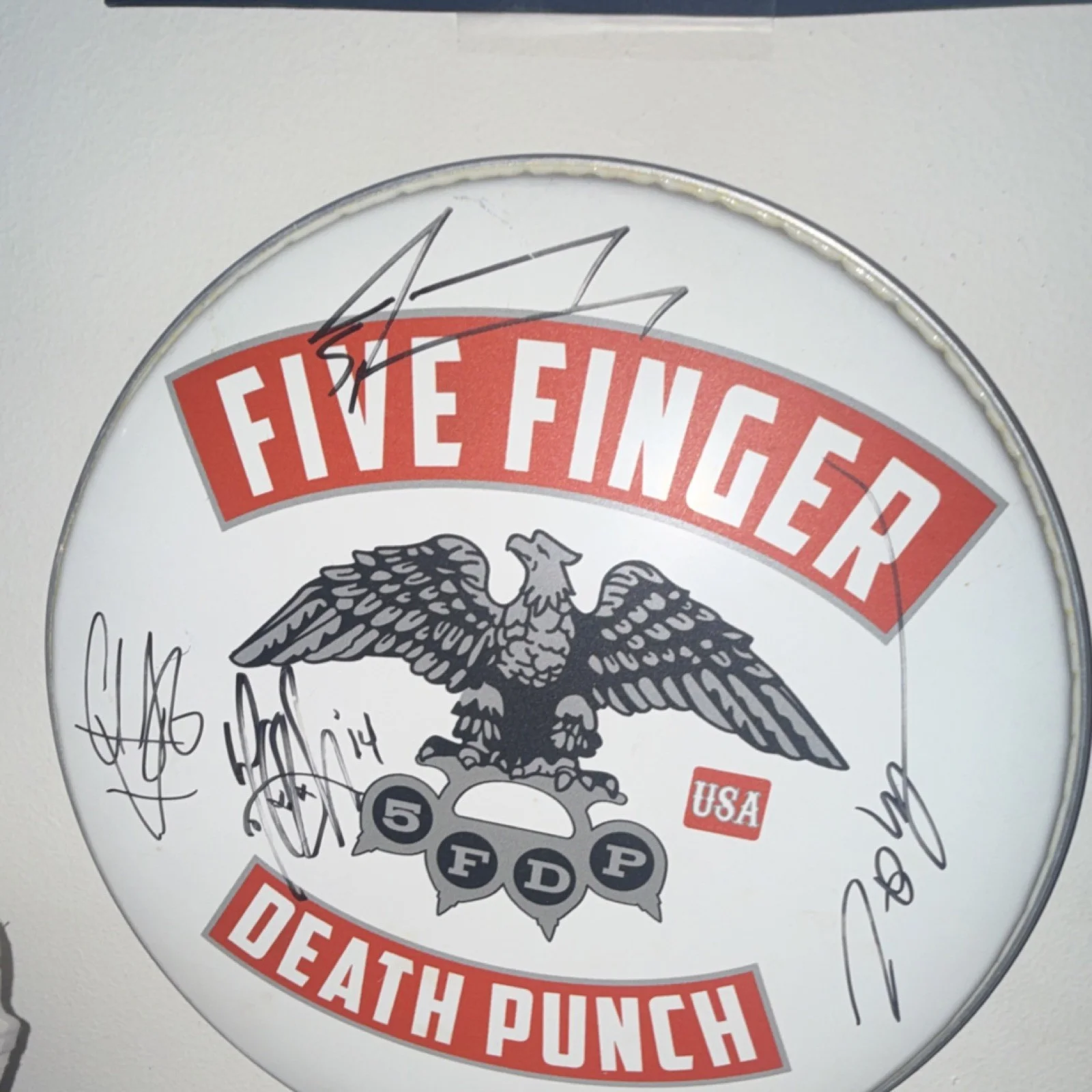 Five Finger Death Punch Autographed Drumhead and FD Snapback Hat Original, image 2