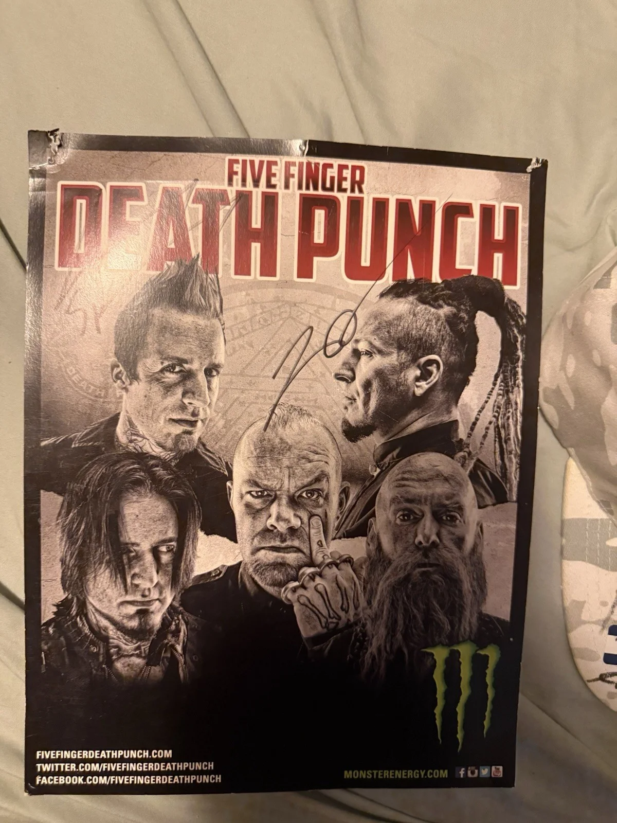 Five Finger Death Punch Autographed Drumhead and FD Snapback Hat Original, image 4
