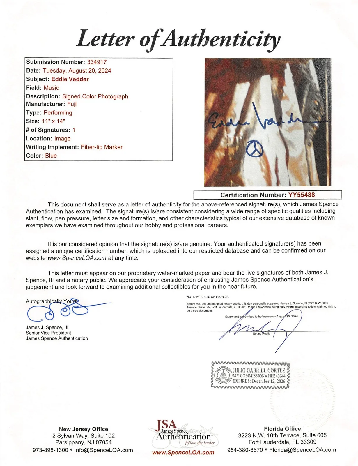 Eddie Vedder — Eddie Vedder Pearl Jam Authentic Signed 11x14 Photo JSA #YY55488, изображение 3