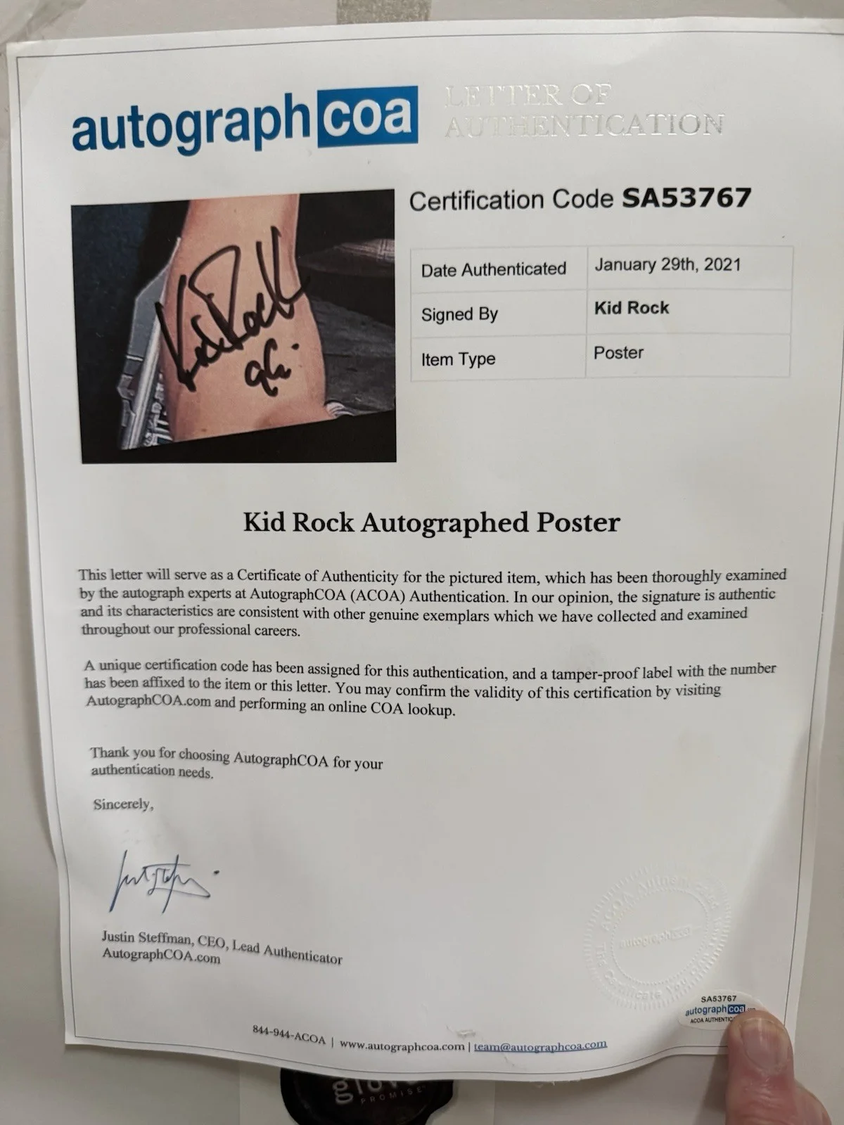 RARE Kid Rock hand SIGNED Full Sig 26x20 Custom Framed ACOA Authentication, image 3