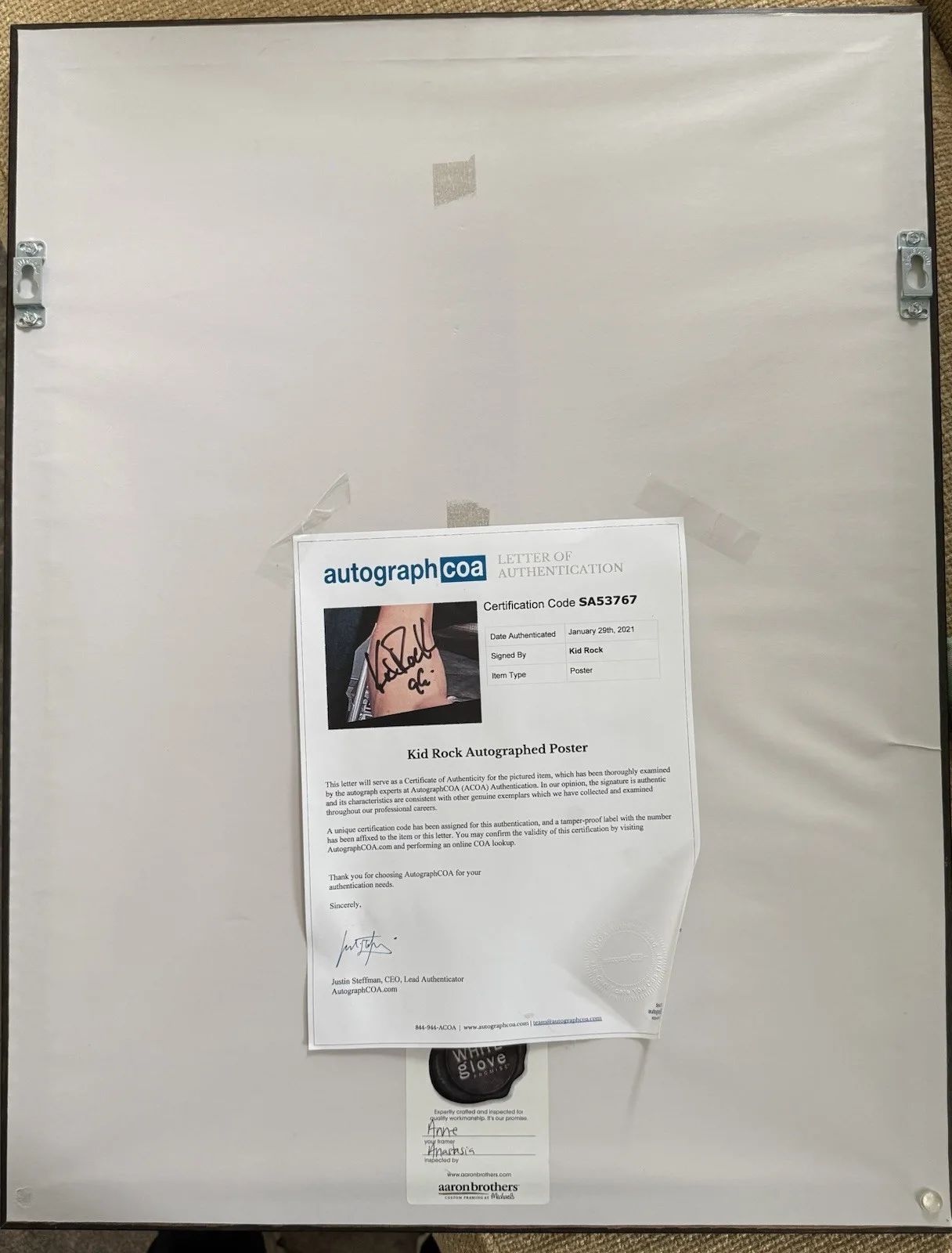 RARE Kid Rock hand SIGNED Full Sig 26x20 Custom Framed ACOA Authentication, image 4