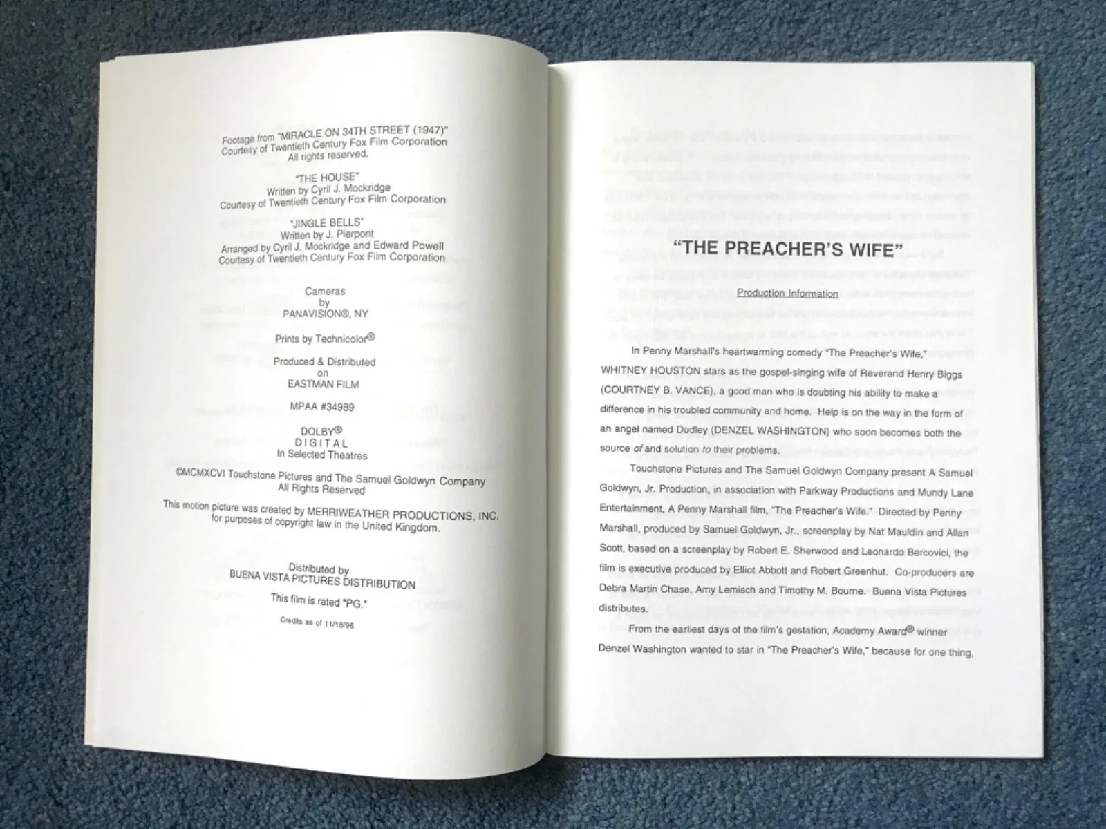 THE PREACHERS WIFE Movie 1996 Film Press Kit DENZEL WASHINGTON WHITNEY HOUSTON, изображение 4