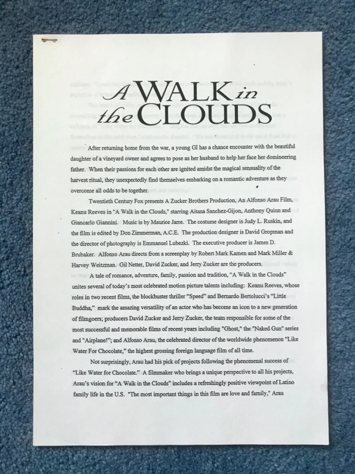 A WALK IN THE CLOUDS Original 95 Movie Film Press Kit KEANU REEVES ANTHONY QUINN, изображение 5