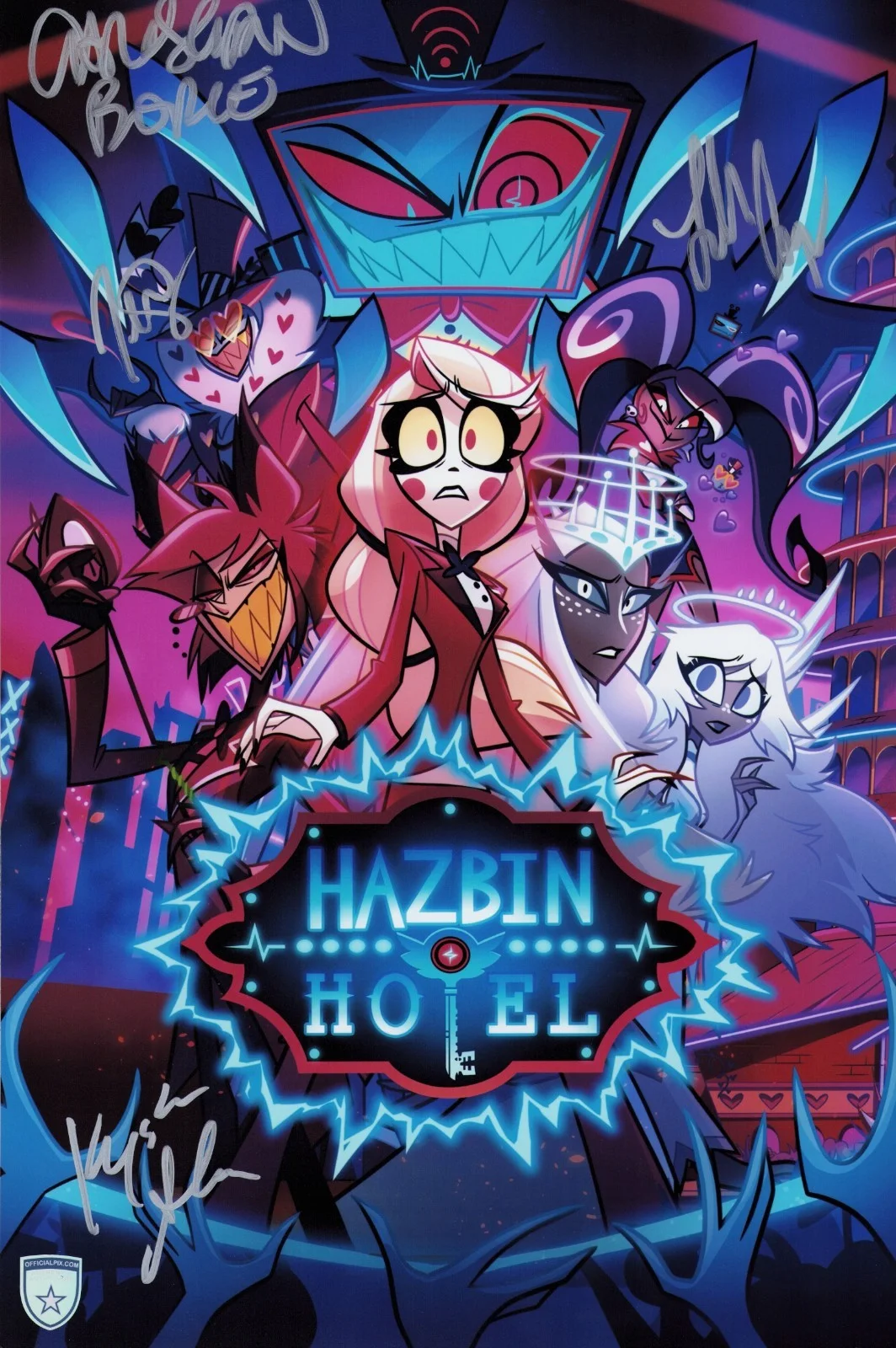 Krystina Alabado, Christian Borle, Lilli Cooper and Joel Perez — Signed Hazbin Hotel 11x17 Alabado, Borle, Cooper, Perez w/ Official Pix COA
