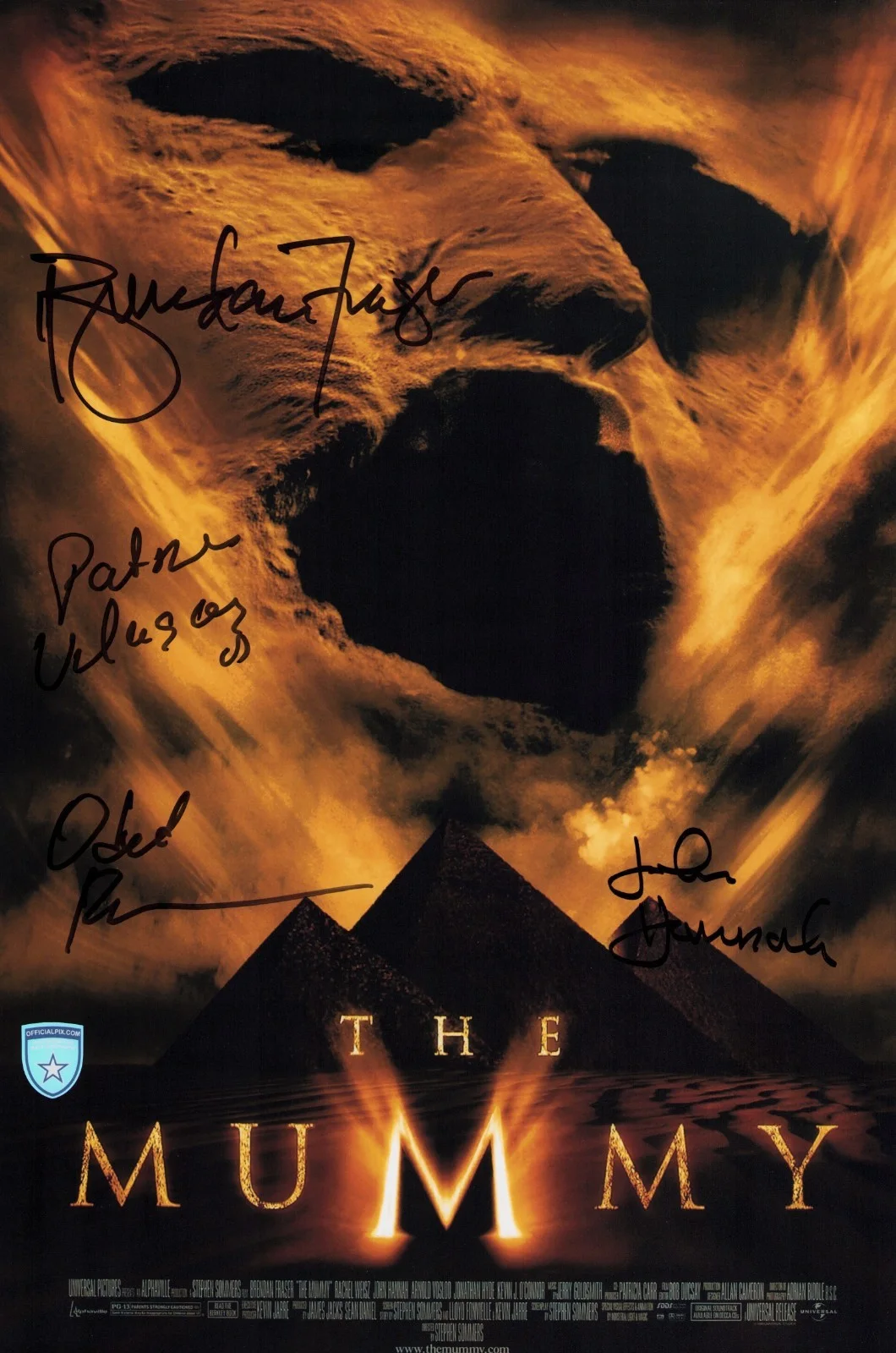 Brendan Fraser, Patricia Velasquez, Oded Fehr, John Hannah — Signed The Mummy Cast 11x17 Fraser Velasquez Fehr Hannah w/ Official Pix COA