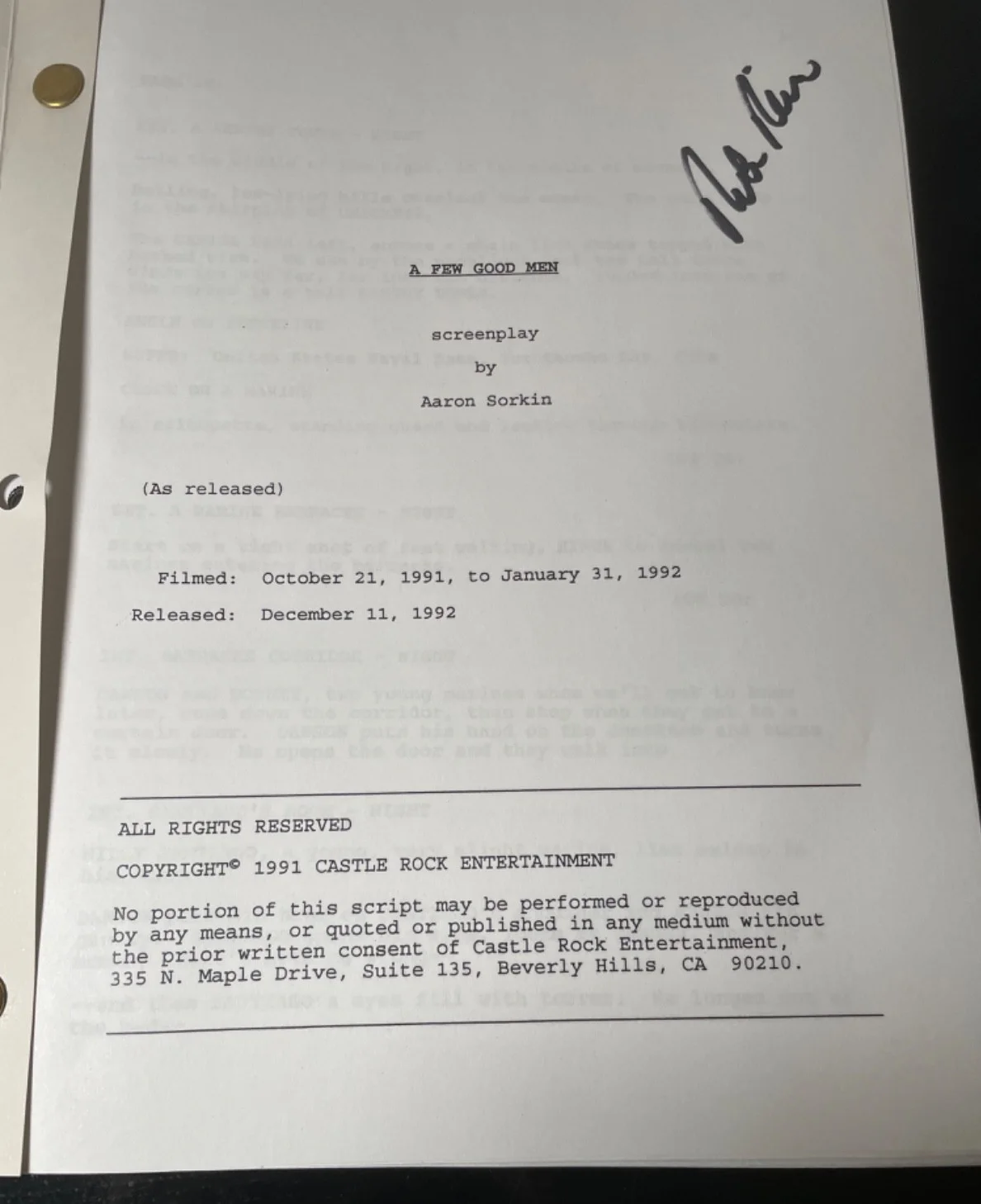 ROB REINER — ROB REINER SIGNED AUTOGRAPH A FEW GOOD MEN Full AS RELEASED Castle Rock script, image 2