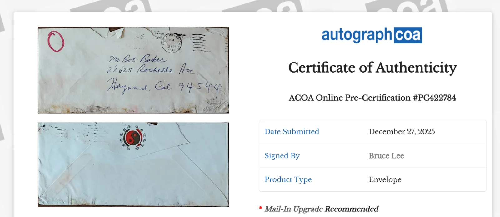 Bruce Lee — Bruce Lee * ACOA * Handwritten Envelope Signed Autograph Martial Arts Legend, image 5