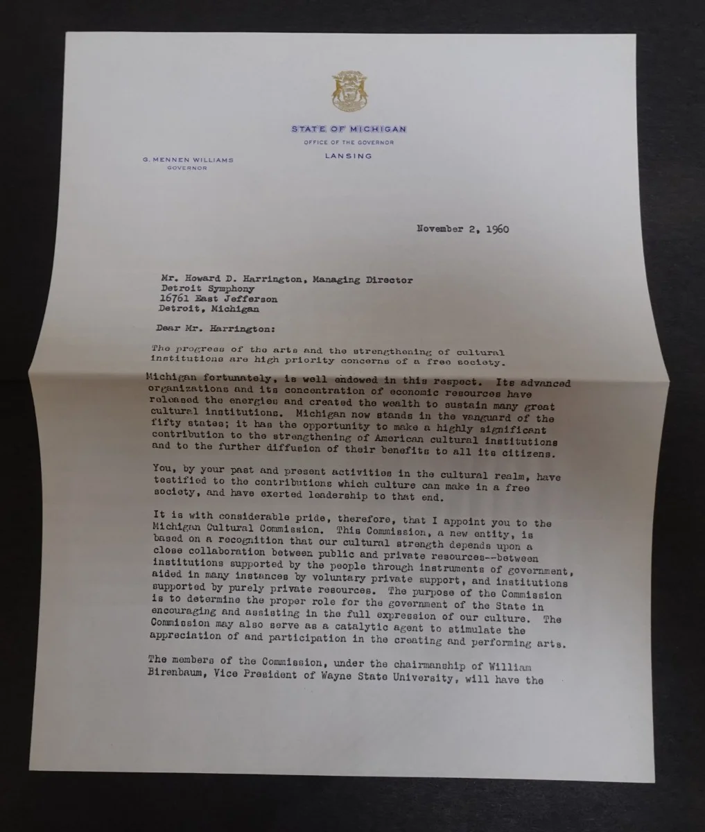 G. Mennen Williams — G. Mennen Williams Governor Michigan Autograph Letter to Symphony Manager 1960, изображение 2