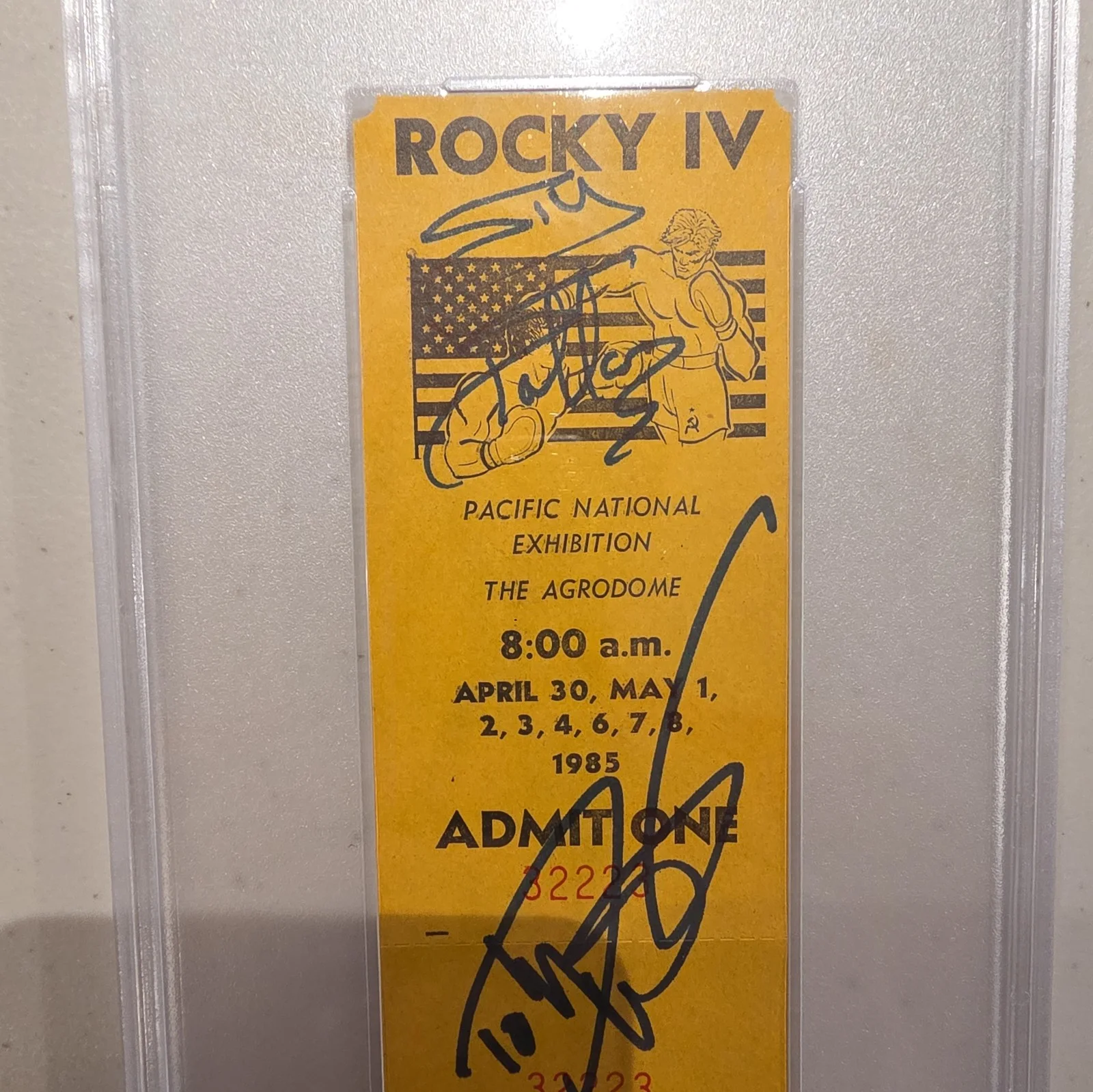 Sylvester Stallone, Dolph Lundgren — 1985 ROCKY IV Filming Ticket (PSA 8) & Autos (PSA 10) for Stallone & Lundgren, image 2