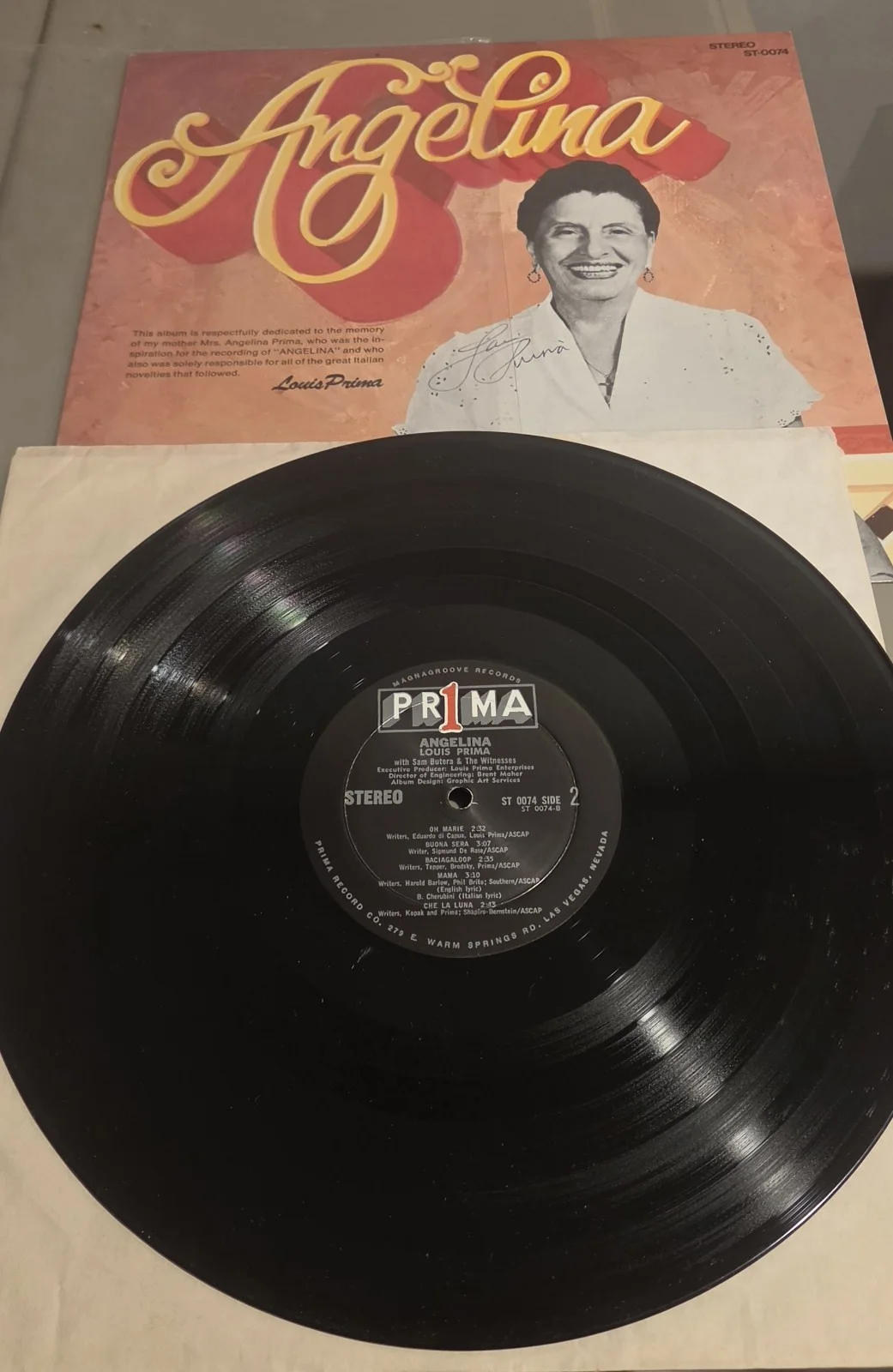 Louis Prima Angelina Signed Autographed Record LP, image 5