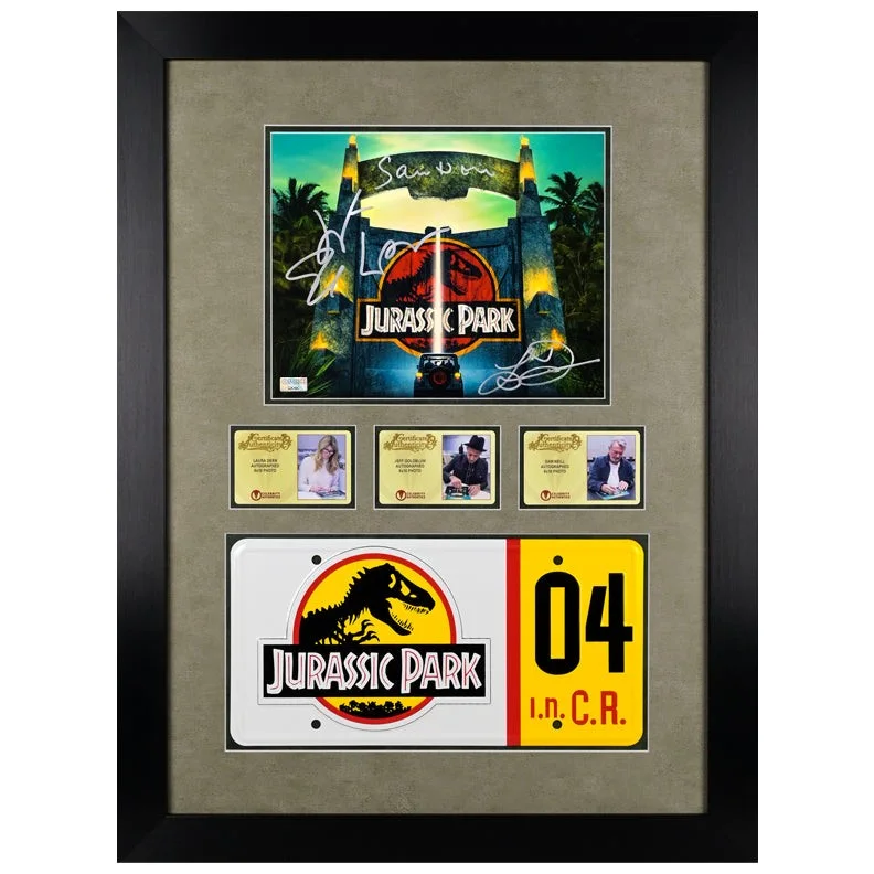 Sam Neill, Jeff Goldblum, Laura Dern — Sam Neill Jeff Goldblum Laura Dern Autographed Jurassic Park 8x10 Framed Display