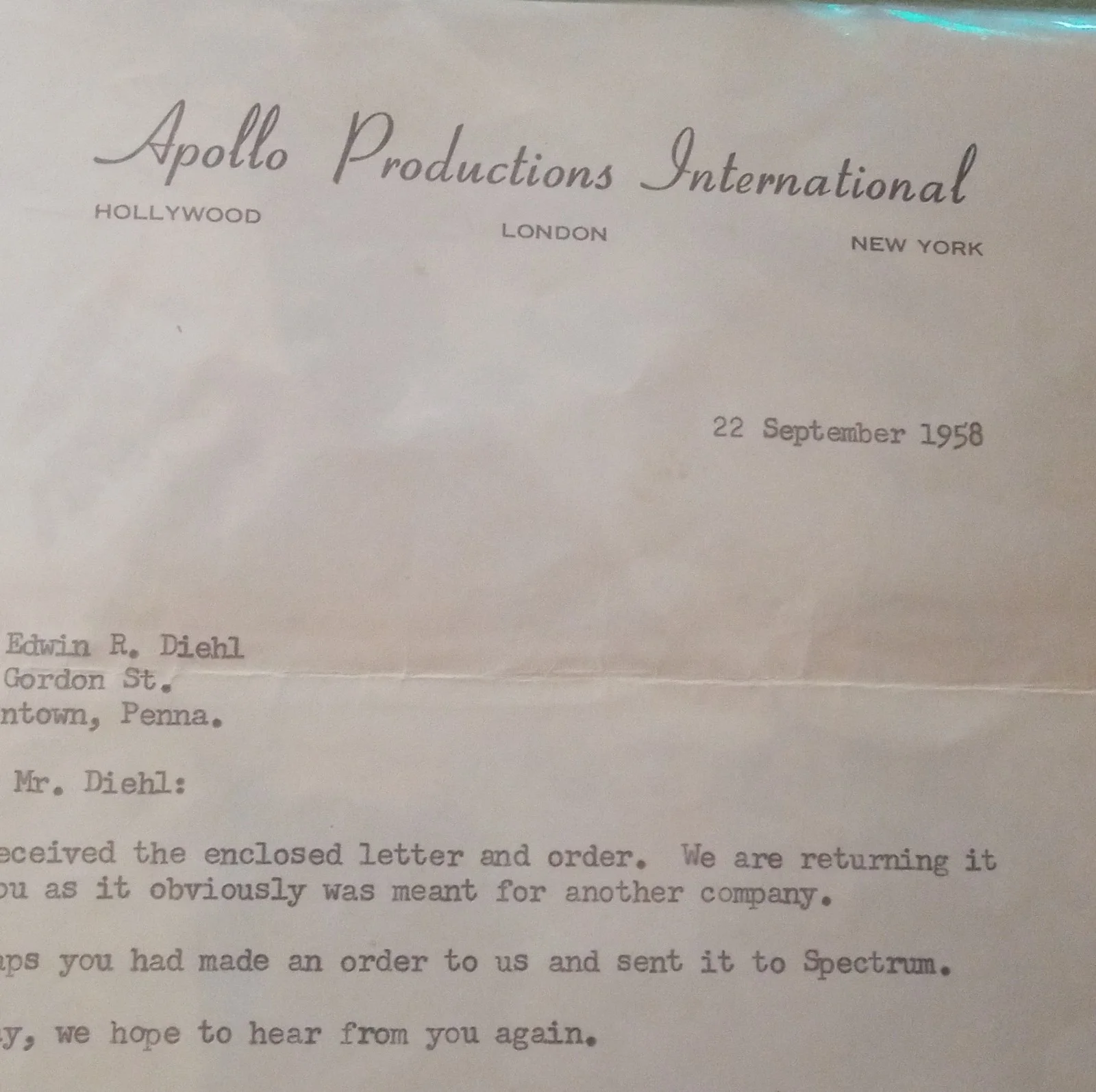 Richard Fontaine — Apollo Productions International Original Autographed Letter Richard Fontaine, изображение 3