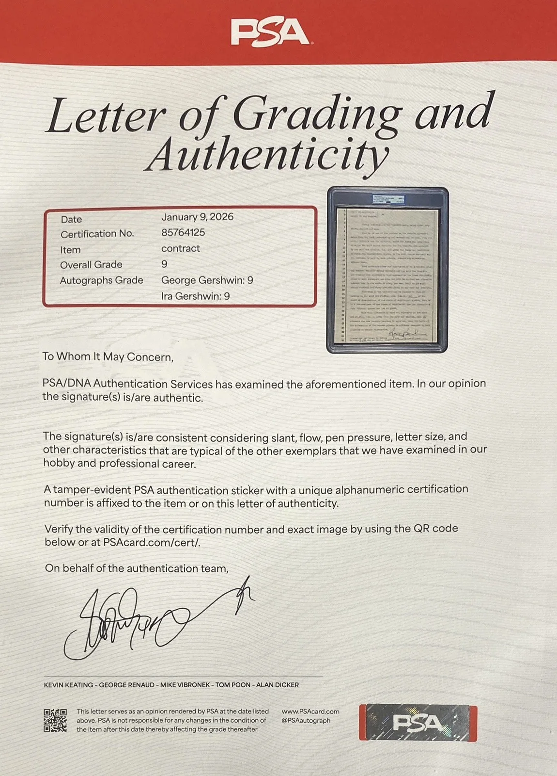 George & Ira Gershwin Signed RKO Studios Document - PSA 9!, image 4