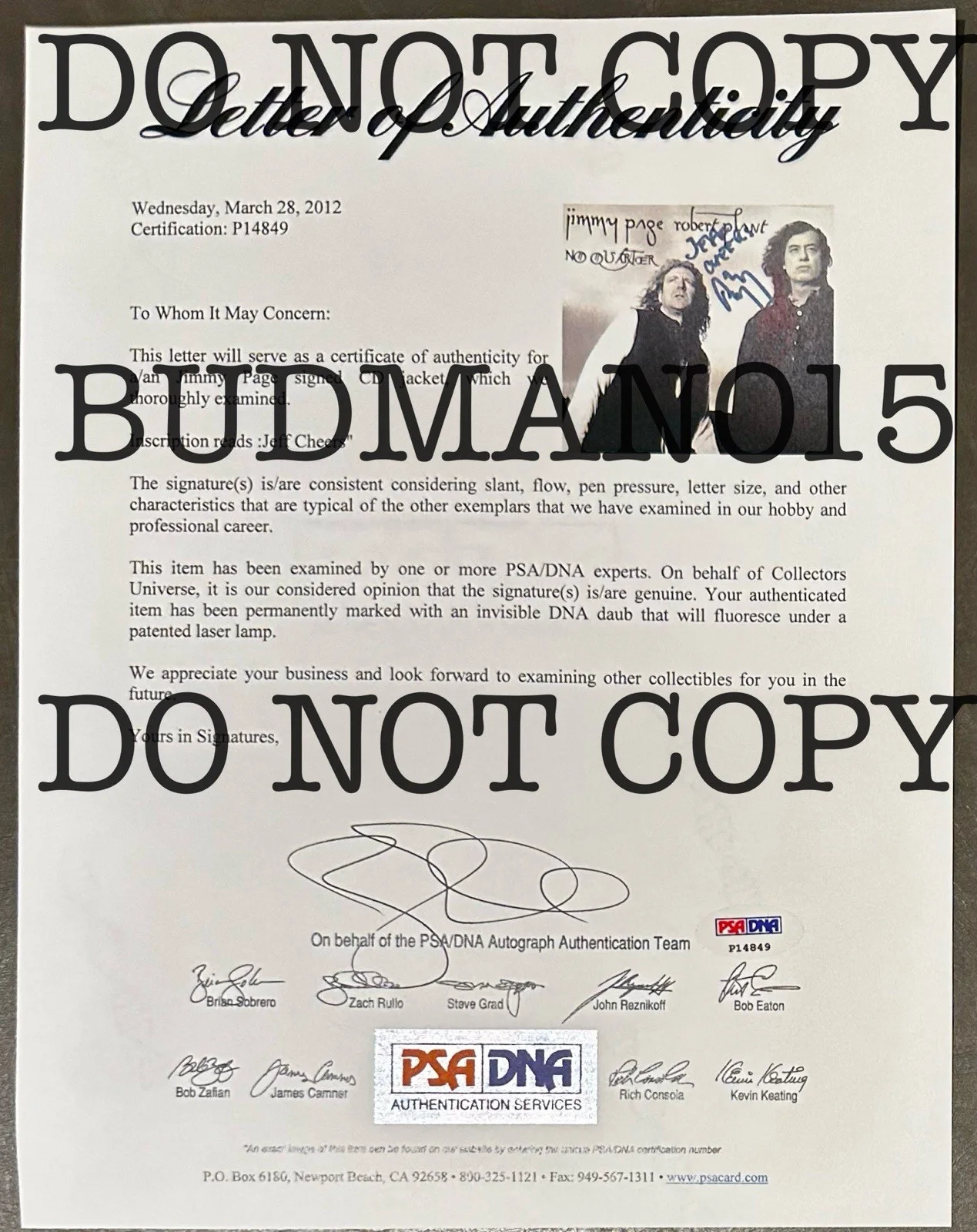 Jimmy Page Signed CD Jacket No Quarter Plant & Page PSA/DNA HOF Led Zeppelin, изображение 2