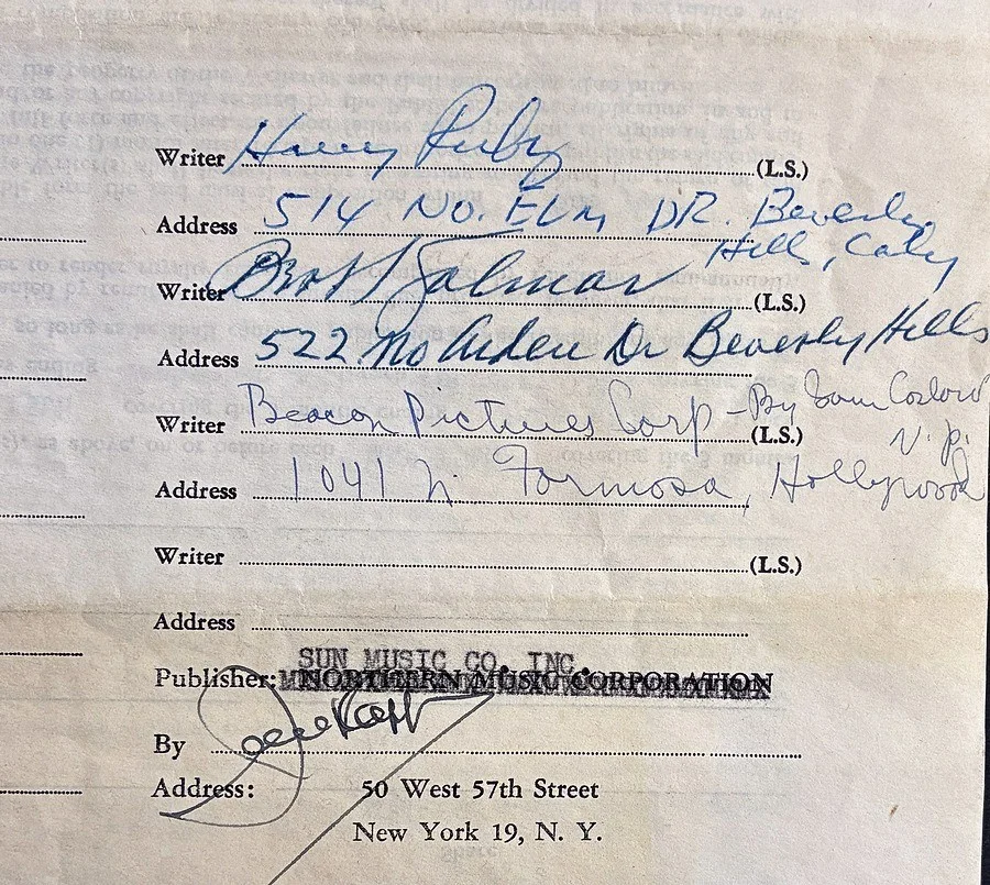 Harry Ruby, Bert Kalmar — (Groucho Marx) Signed 1947 Songwriters Contract GO WEST YOUNG MAN in Casablanca, изображение 3