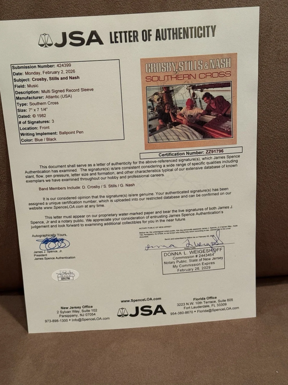 Crosby Still Nash Signed Autographed Southern Cross 45 JSA LOA, image 4