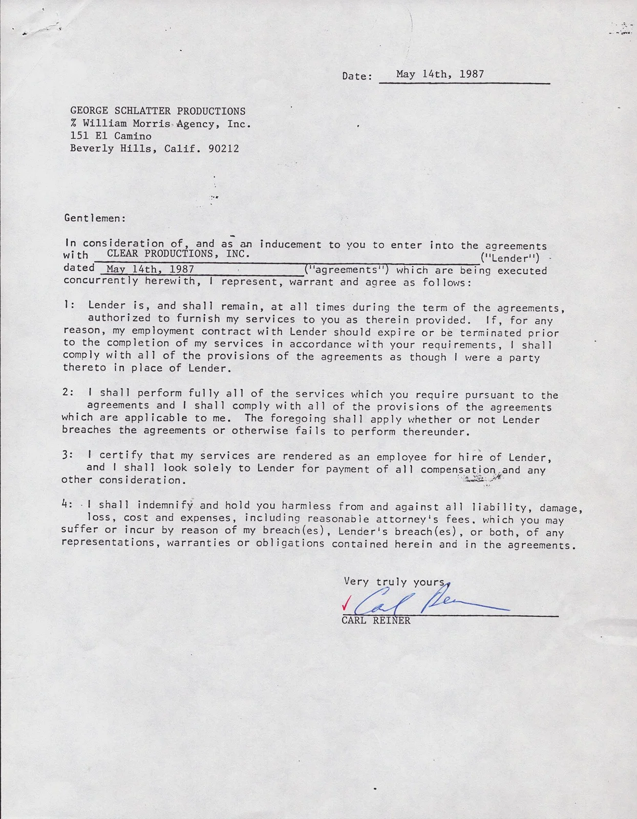 Carl Reiner — CARL REINER - CONTRACT DOUBLE SIGNED 05/14/1987