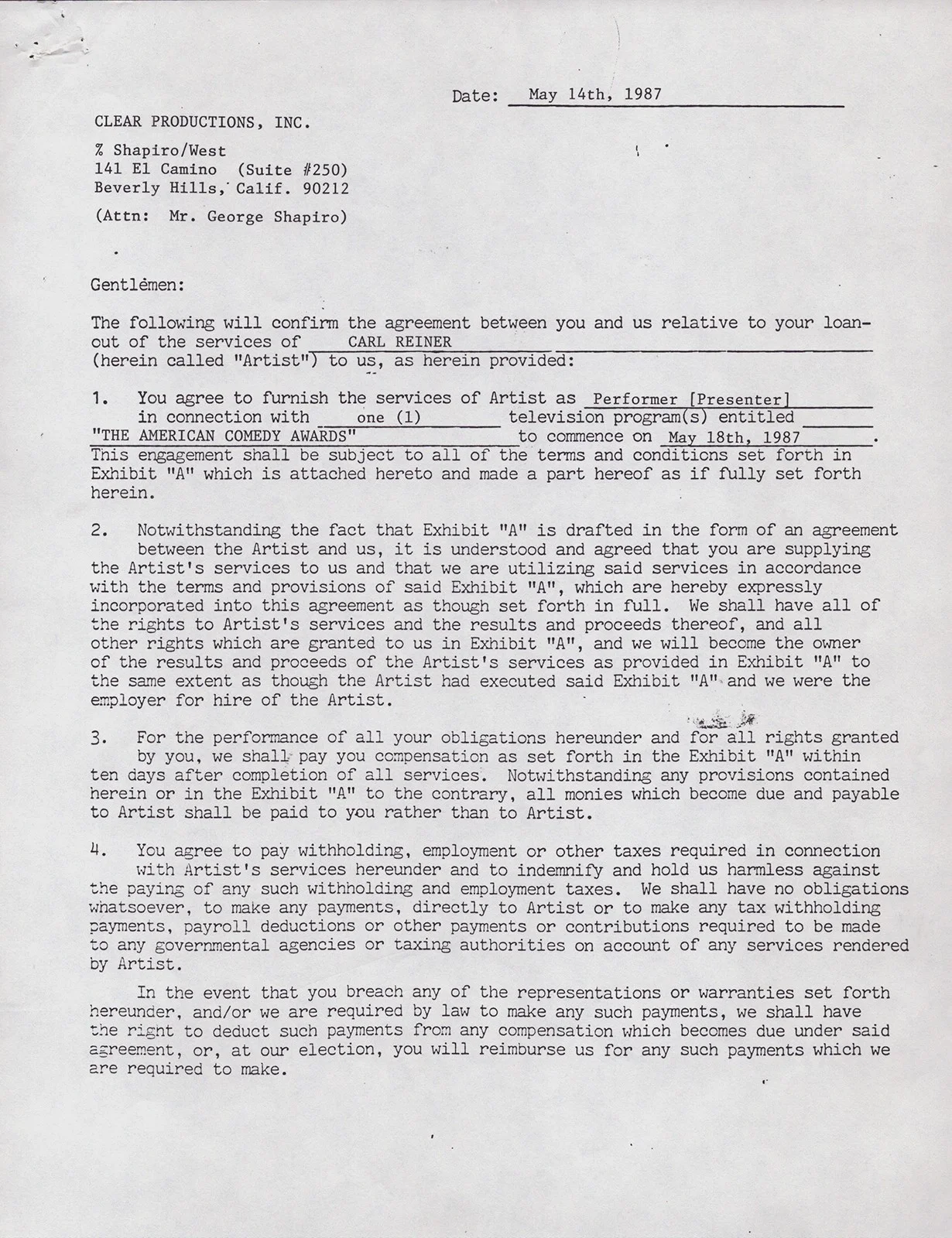 Carl Reiner — CARL REINER - CONTRACT DOUBLE SIGNED 05/14/1987, image 3