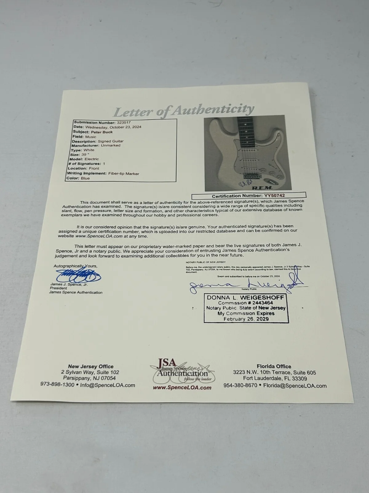 Peter Buck of REM signed Electric Guitar JSA COA LOA, изображение 3