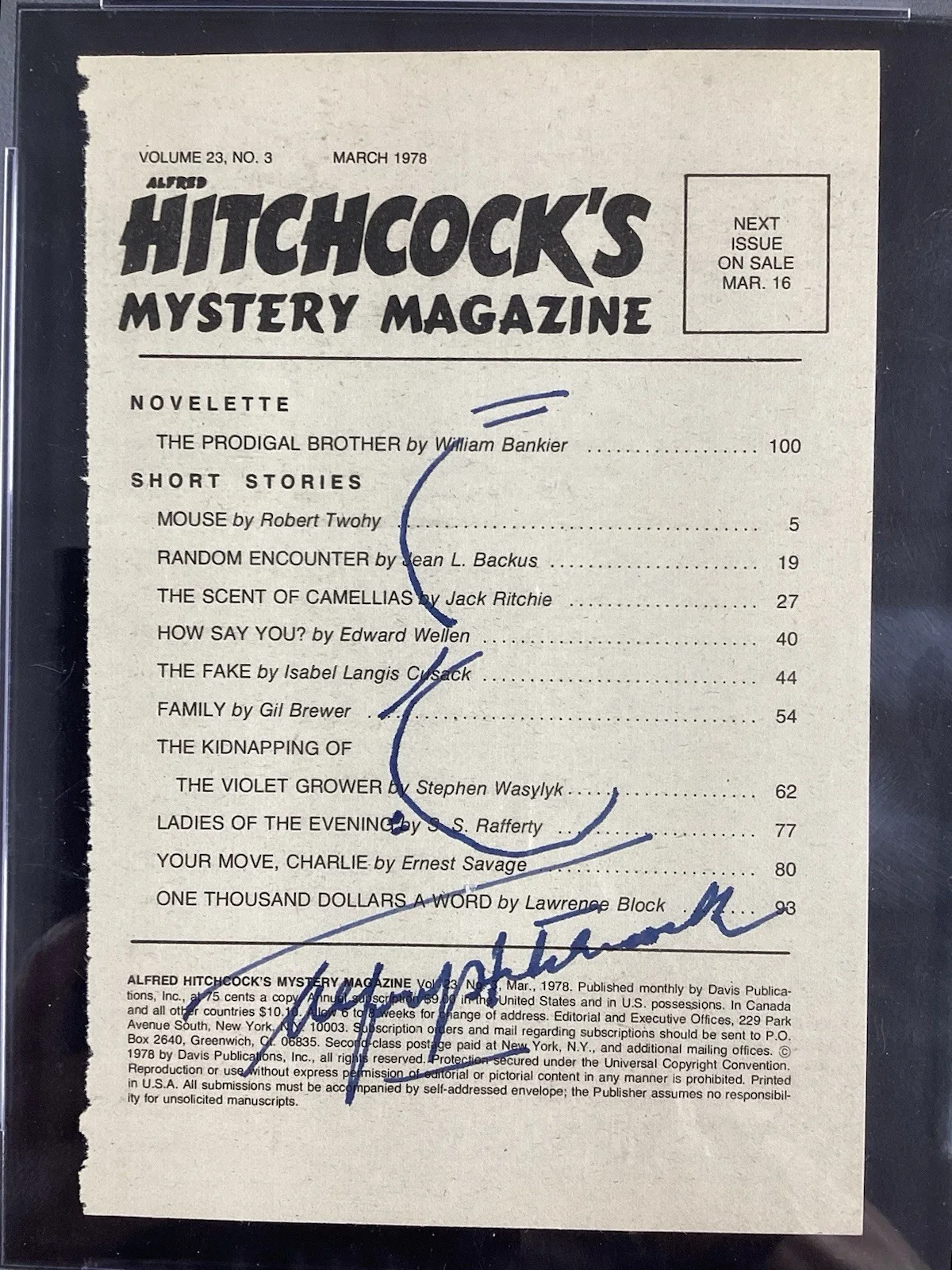 Sir Alfred Hitchcock — Alfred Hitchcock Vintage Signed Mystery Magazine 3/78 Psycho Birds Auto PSA/DNA, изображение 2