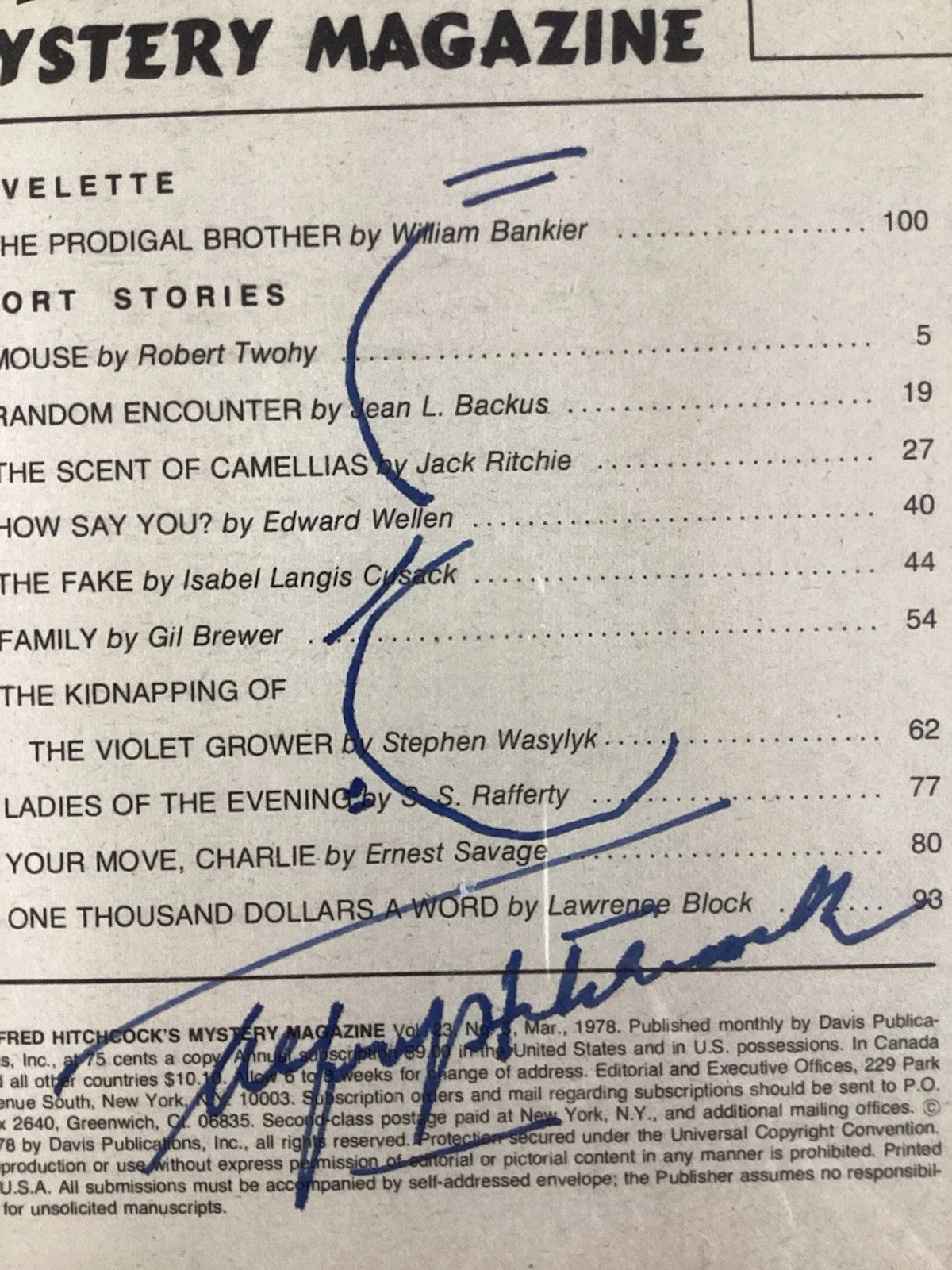 Sir Alfred Hitchcock — Alfred Hitchcock Vintage Signed Mystery Magazine 3/78 Psycho Birds Auto PSA/DNA, изображение 3
