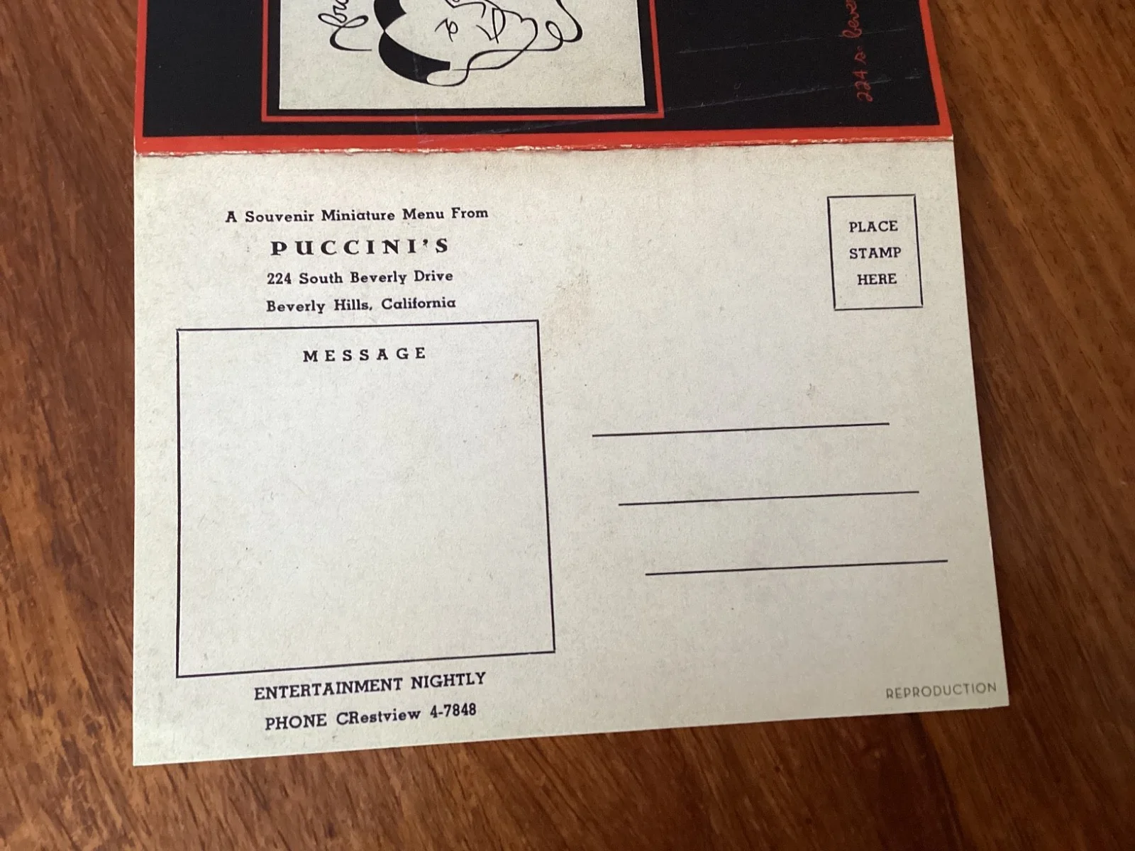 FRANK SINATRA PUCCINI RESTAURANT POSTCARD MENU PETER LAWFORD, image 2