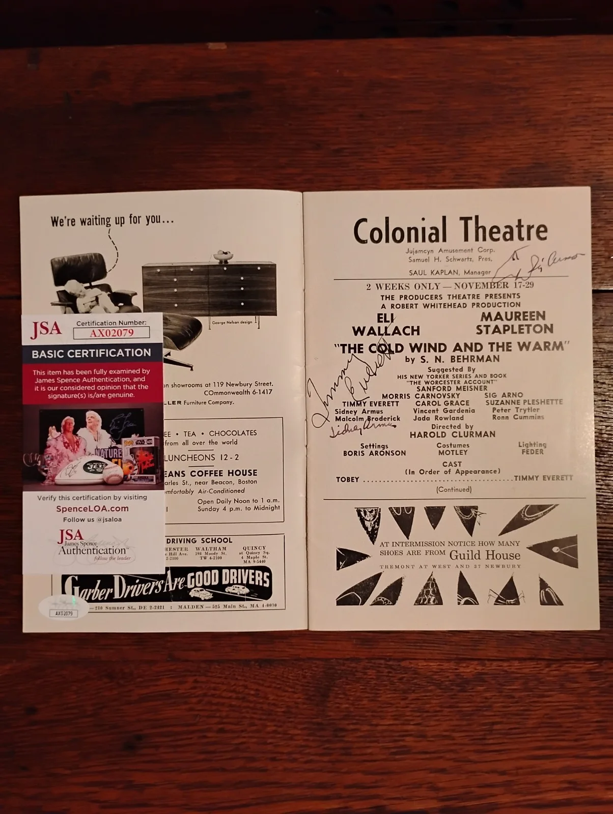 The Cold Wind & the Warm Signed Playbill Eli Wallach/ Maureen Stapleton +8 W/COA, image 2