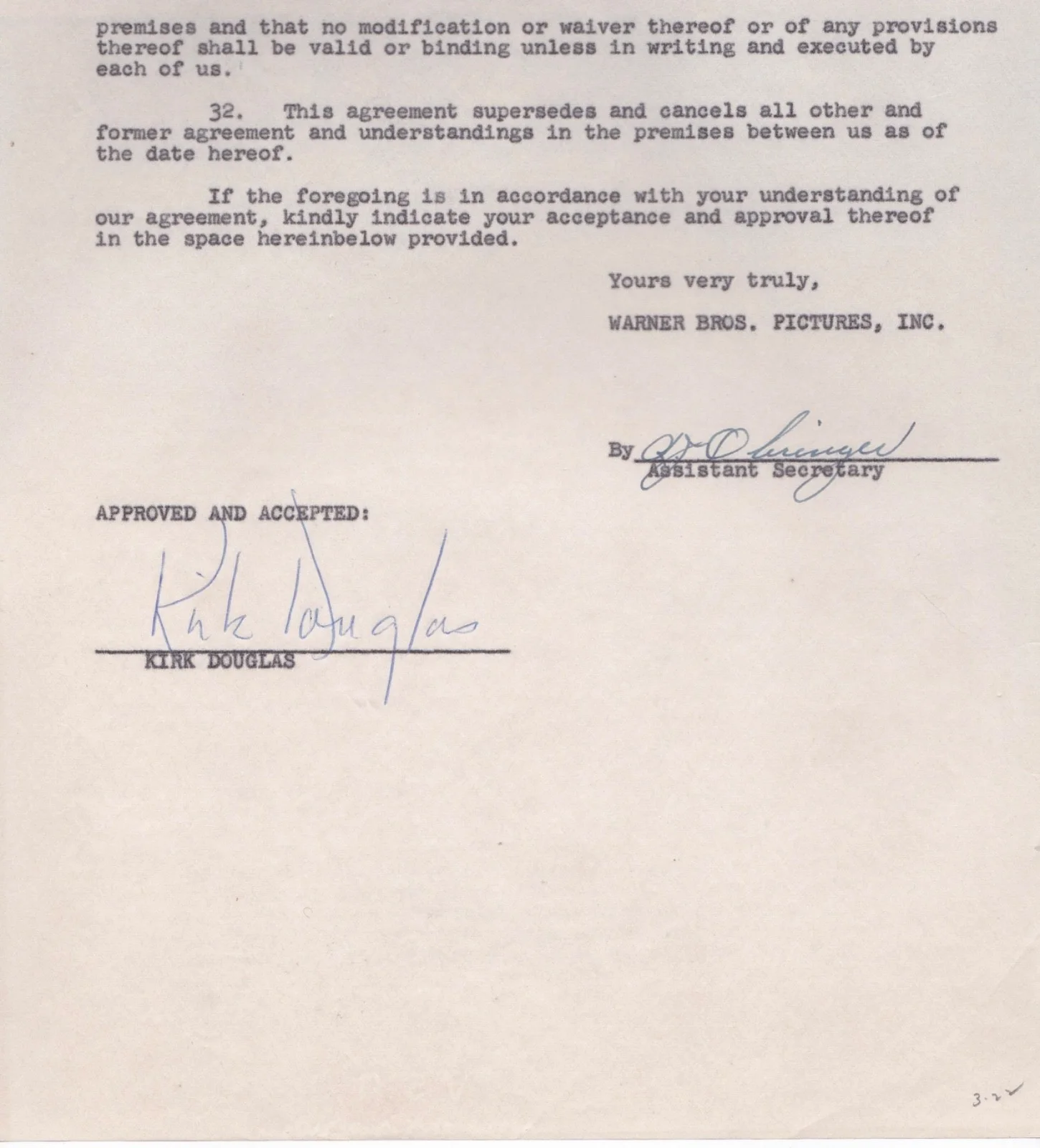 Kirk Douglas — Kirk Douglas Signed Warner Brothers Film Contract “Top Secret Affair” 1956