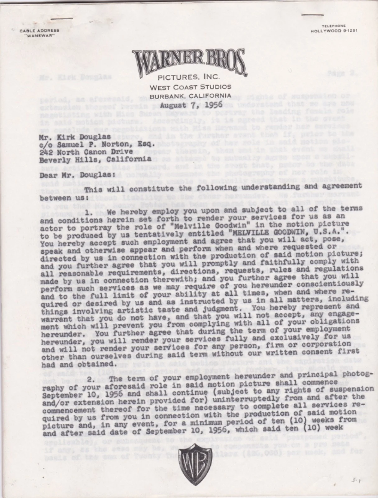 Kirk Douglas — Kirk Douglas Signed Warner Brothers Film Contract “Top Secret Affair” 1956, image 2