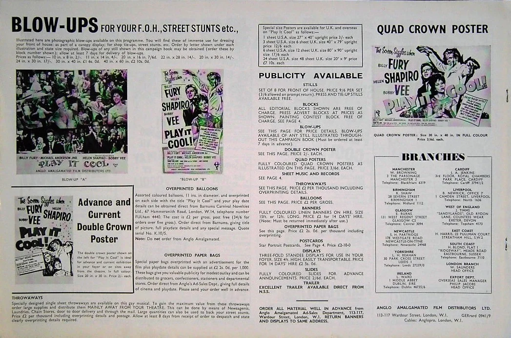 PLAY IT COOL 1962 Billy Fury, Helen Shapiro, Bobby Vee UK PRESSBOOK, image 2