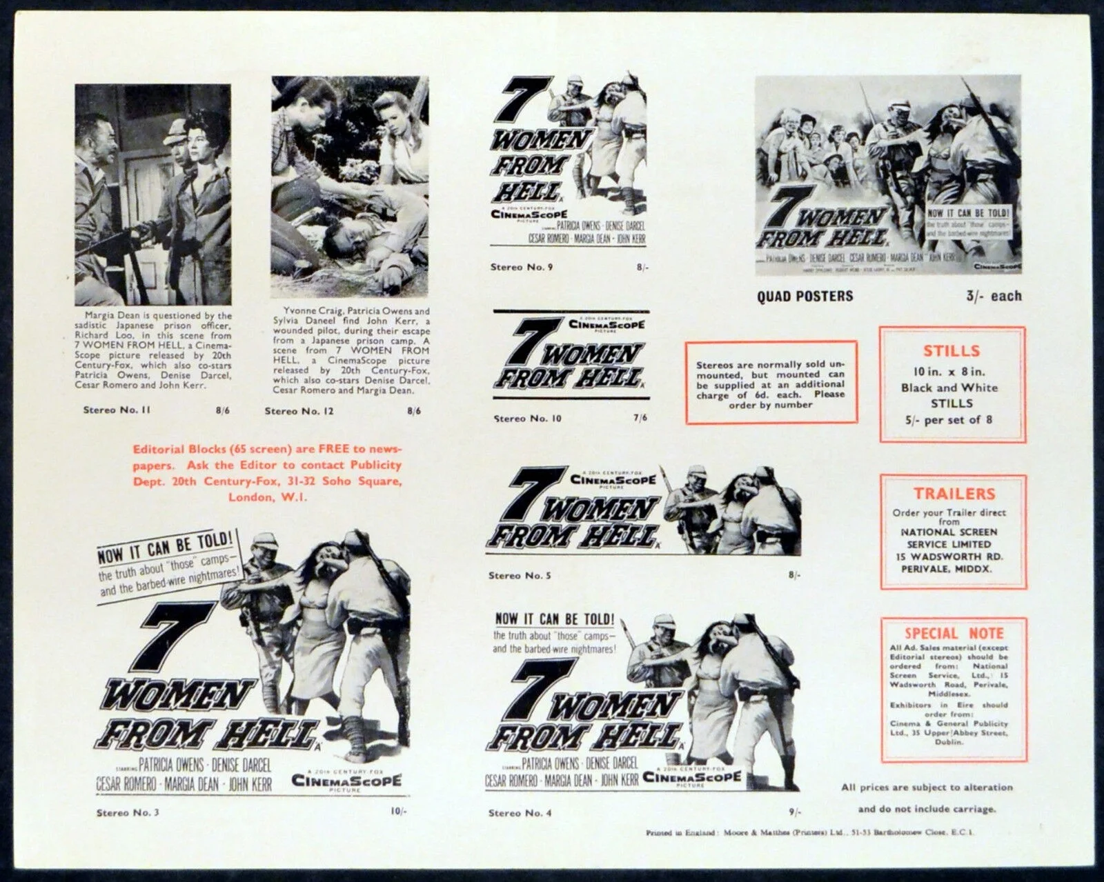 7 WOMEN FROM HELL 1961 Patricia Owens, Denise Darcel Cesar Romero UK PRESS SHEET, image 2