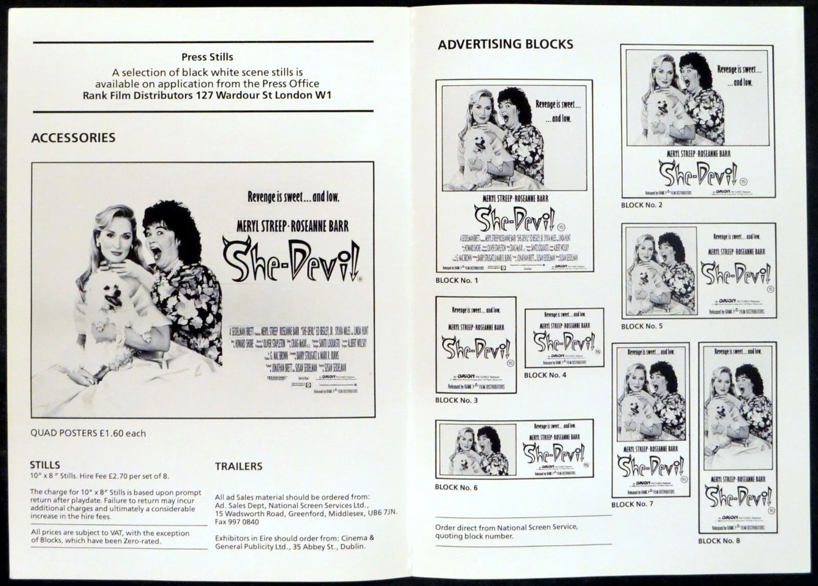 SHE-DEVIL 1989 Roseanne Barr, Meryl Streep, Ed Begley Jr. UK EXPLOITATION MANUAL, изображение 2