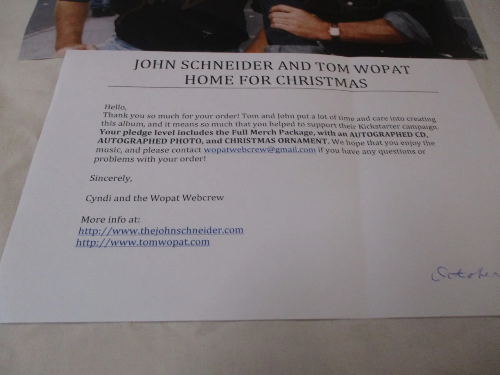 JOHN SCHNEIDER & TOM WOPAT AUTOGRAPHED PHOTO WITH COA LETTER FROM WOPAT WEBCREW, image 5