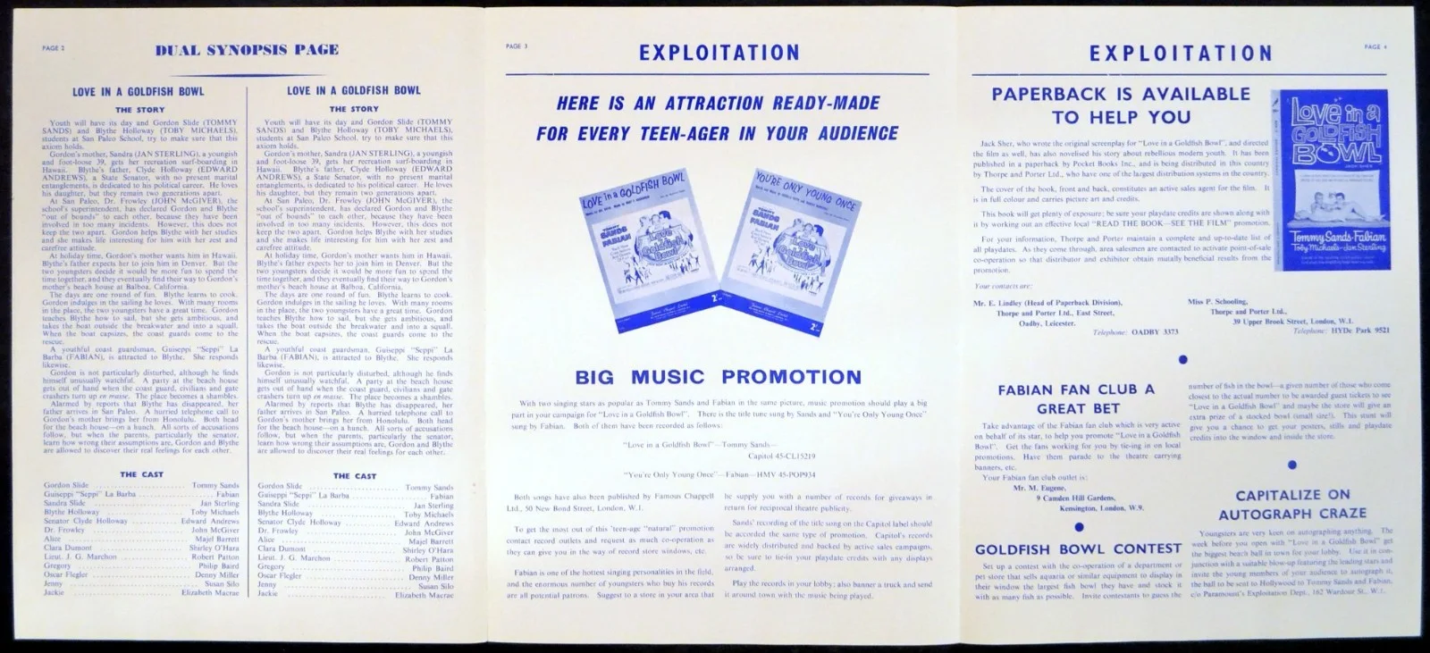 LOVE IN A GOLDFISH BOWL 1961 Tommy Sands, Fabian, Toby Michaels UK PRESSBOOK, изображение 2