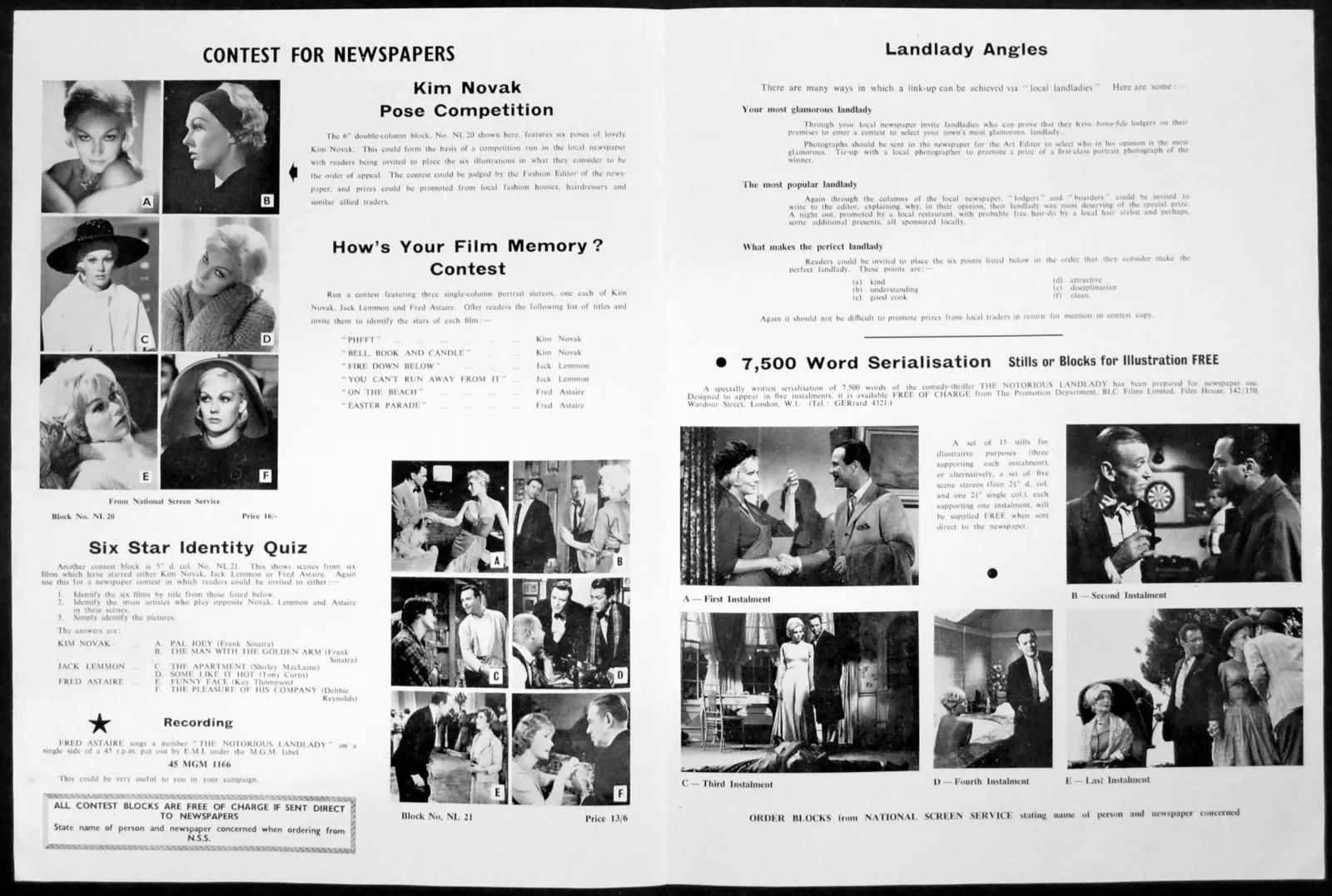 NOTORIOUS LANDLADY 1962 Kim Novak, Jack Lemmon, Fred Astaire UK CAMPAIGN BOOK, изображение 2