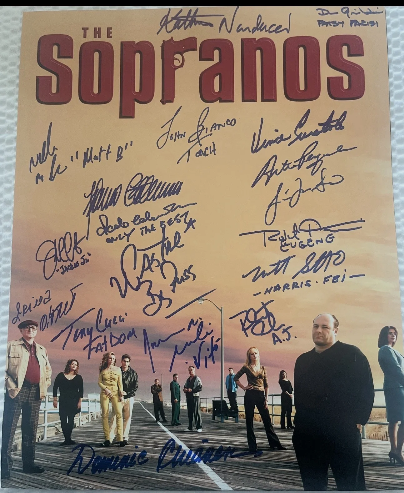 Dominic Chianese, Jamie Lynn Sigler, Vincent Patore — Sopranos Signed 11x14 Cast Signed Photo Signed By 18 JSA Uncle Jr,Robert Iler+16