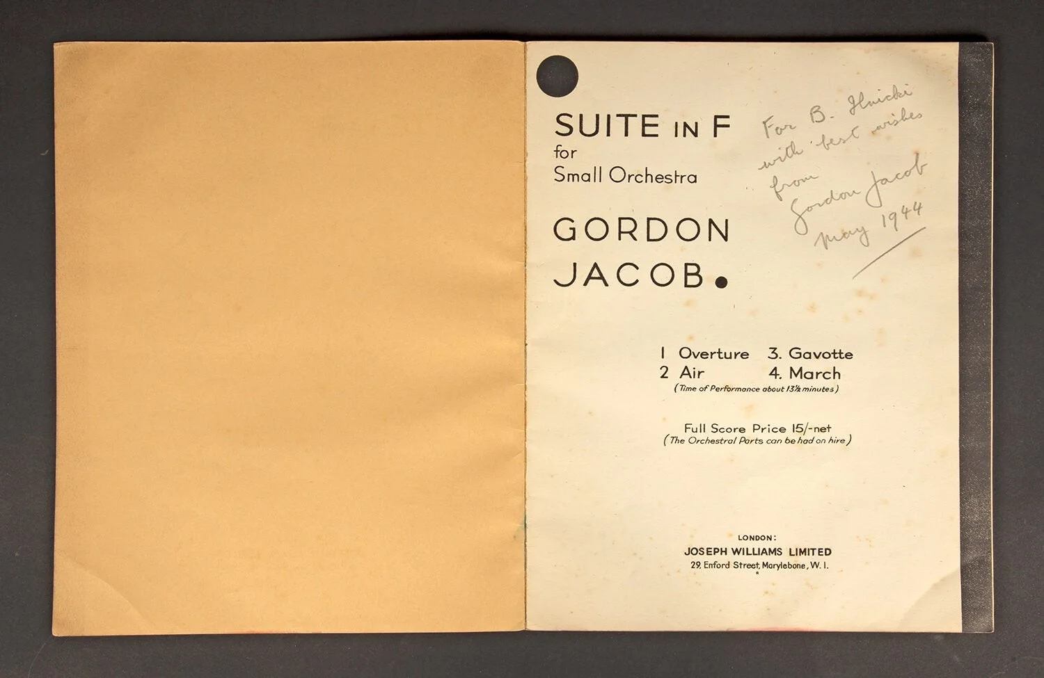Gordon JACOB / Suite in F Full score Inscribed and signed by the composer 1943, image 2