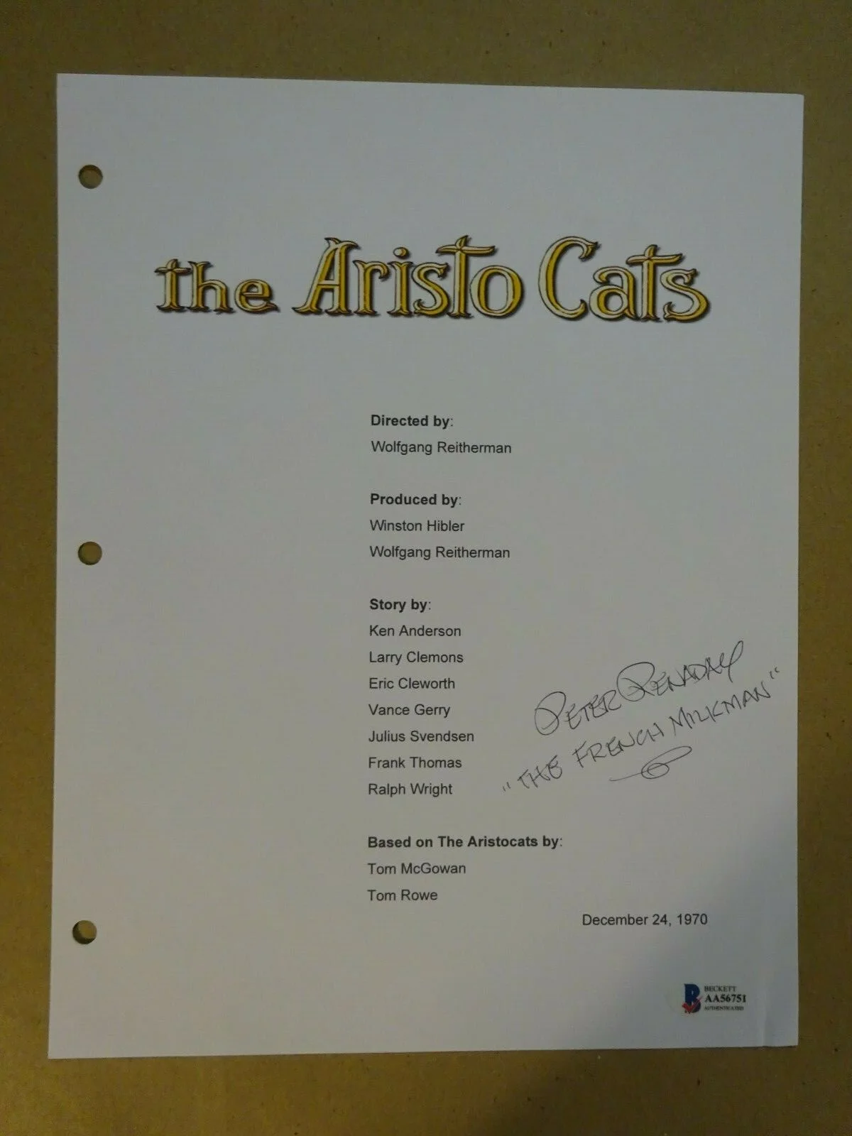 Peter Renaday — Autographed PETER RENADAY Signed THE ARISTOCATS Script Cover BECKETT BAS COA, image 2