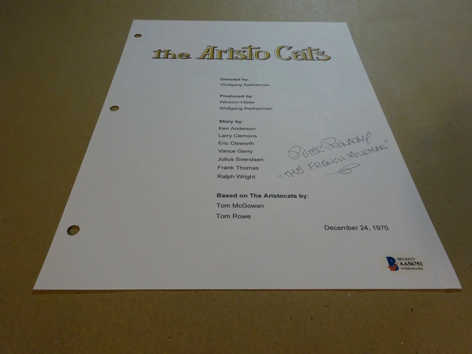 Peter Renaday — Autographed PETER RENADAY Signed THE ARISTOCATS Script Cover BECKETT BAS COA, image 3