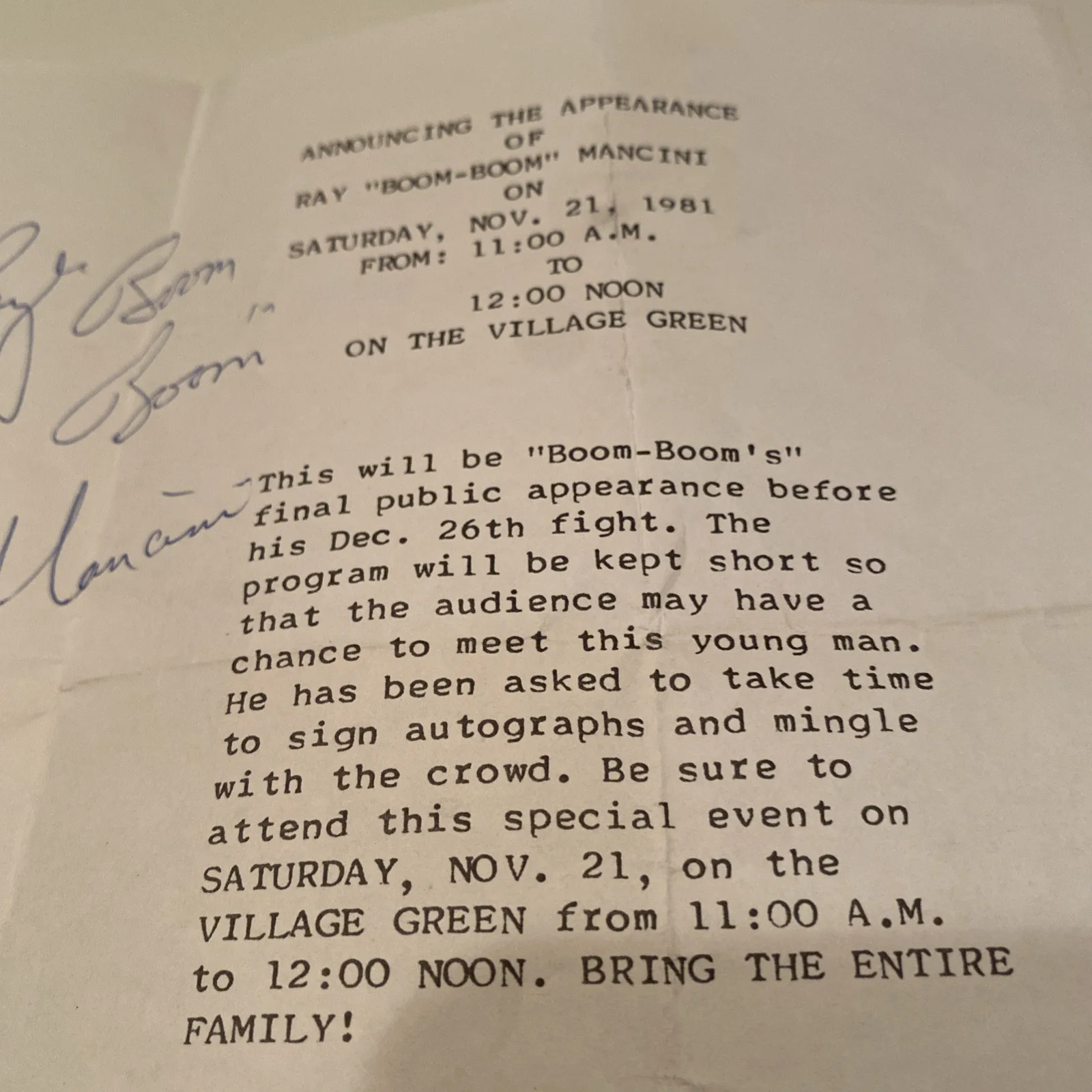 Vtg Boom Boom Mancini hand signed auto! In person at a gathering where he spoke, image 3