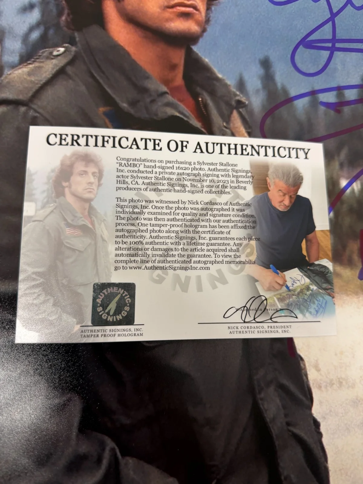 Sylvester Stallone — Sylvester Stallone "RAMBO" Autographed 16x20 FIRST BLOOD Photo ASI Proof, изображение 2