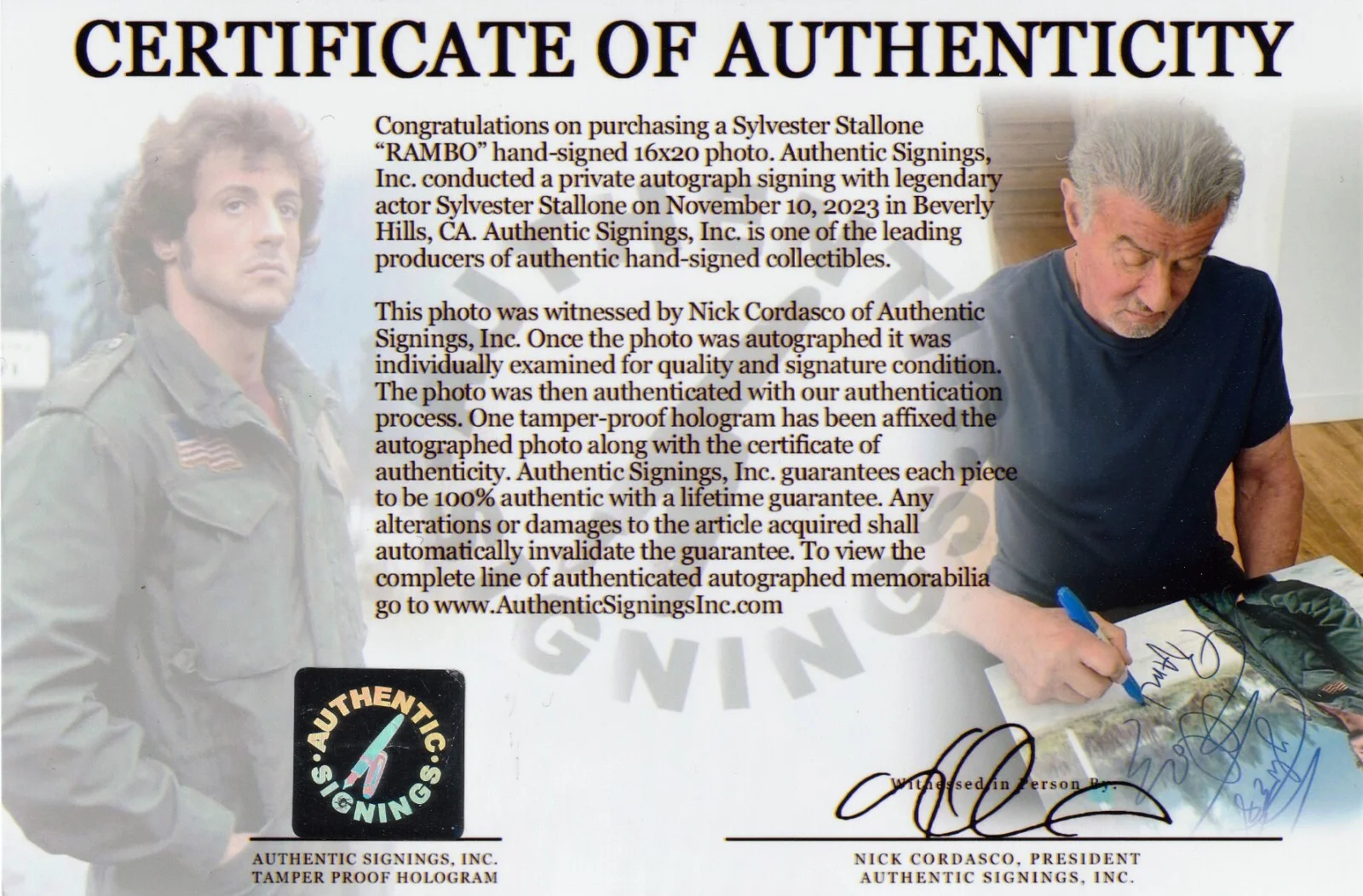 Sylvester Stallone — Sylvester Stallone "RAMBO" Autographed 16x20 FIRST BLOOD Photo ASI Proof, изображение 4