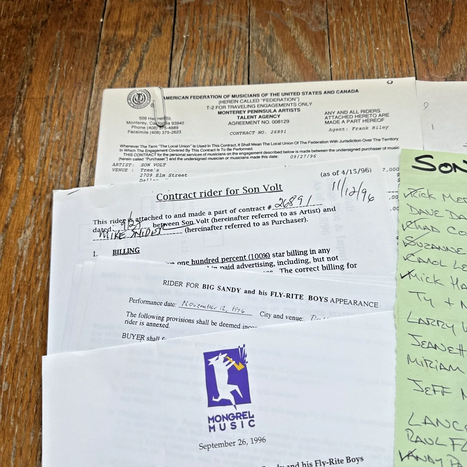 SON VOLT Dallas TX TREES 11-12-96 Live Concert Contract & Rider Promo Photo, изображение 2