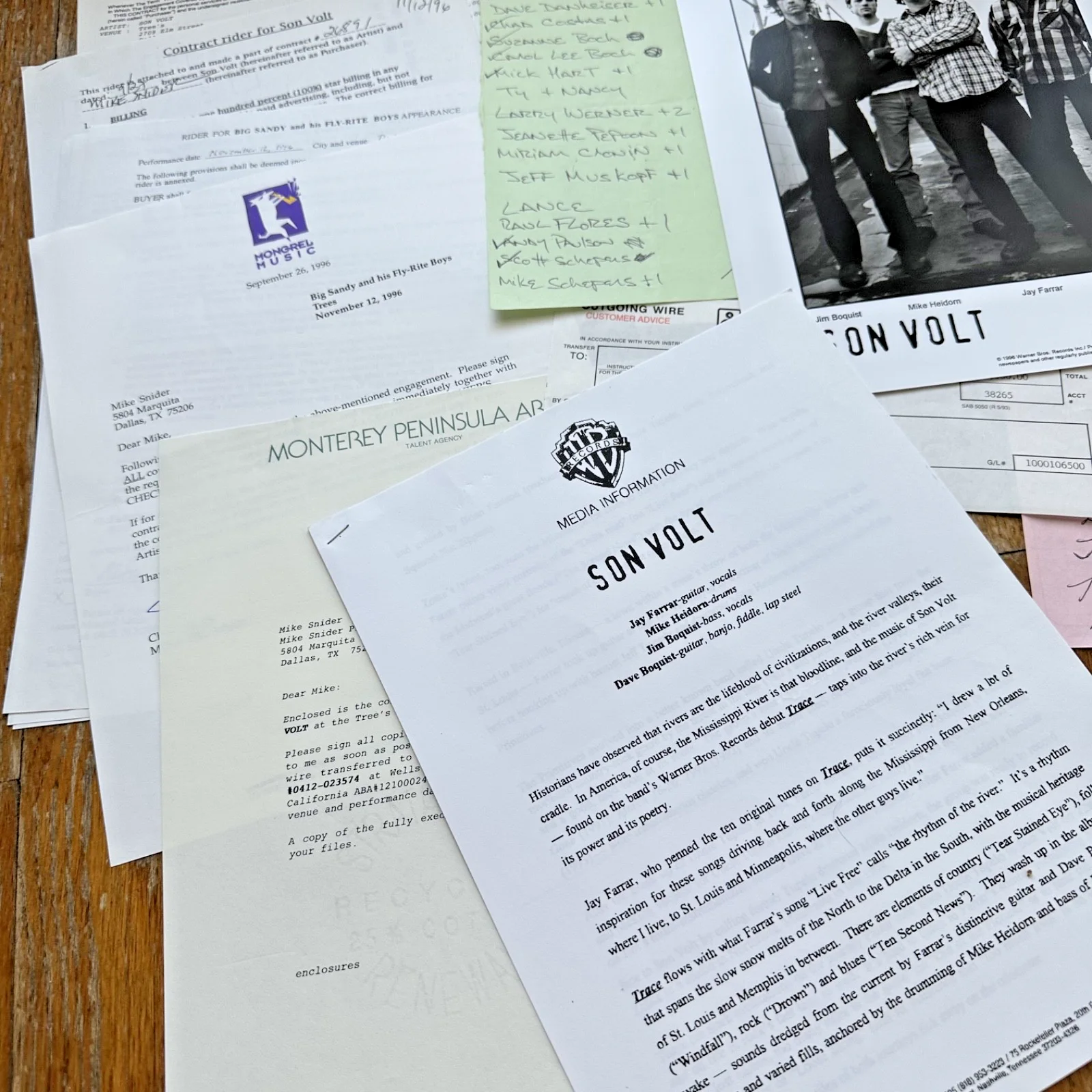 SON VOLT Dallas TX TREES 11-12-96 Live Concert Contract & Rider Promo Photo, изображение 5