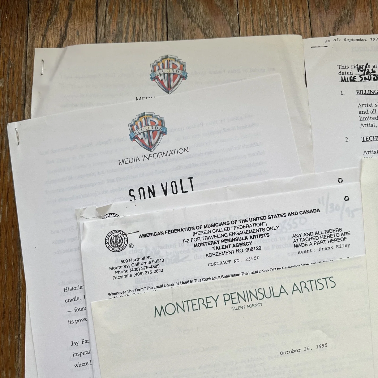 SON VOLT Dallas SONS HERMANN 11-30-95 Live Concert Contract & Rider Promo Photo, изображение 2