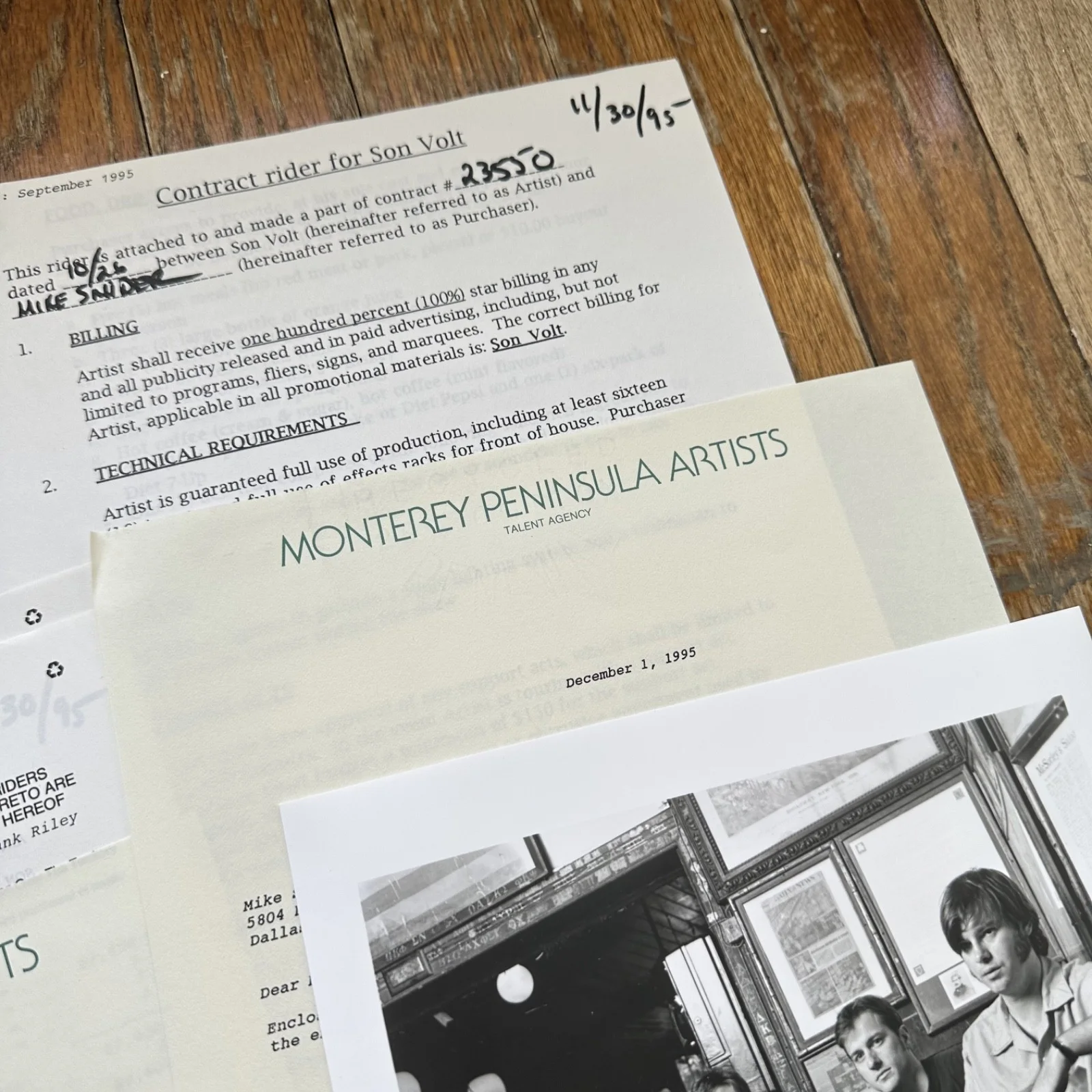 SON VOLT Dallas SONS HERMANN 11-30-95 Live Concert Contract & Rider Promo Photo, изображение 3