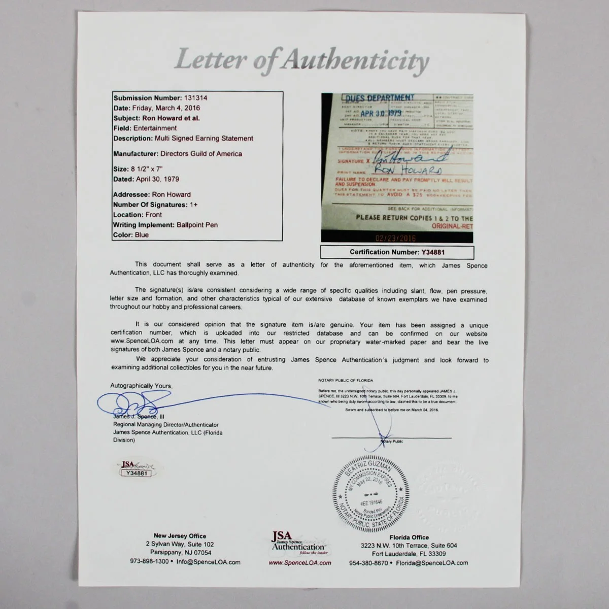 Ron Howard Signed Document - COA JSA, image 3