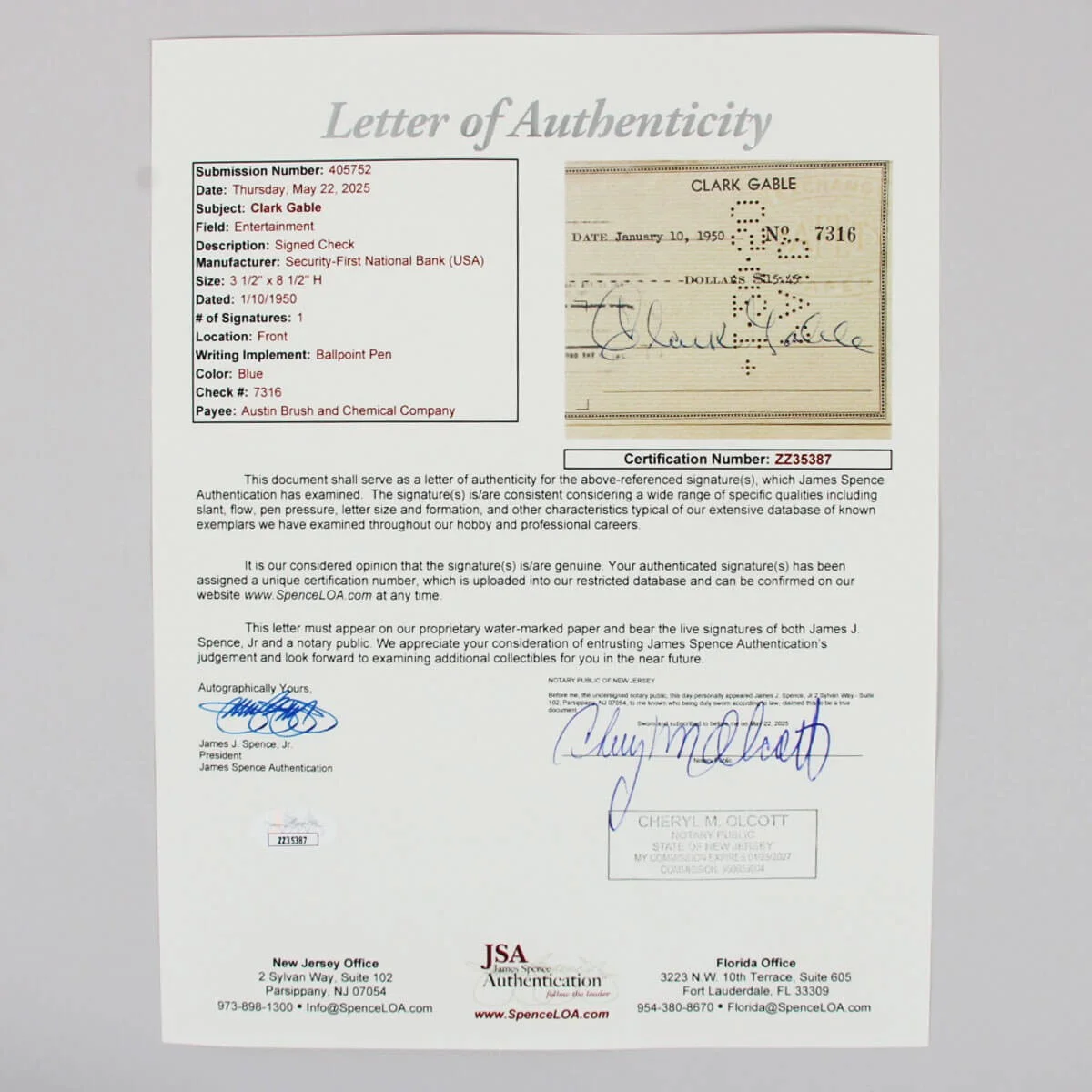 Clark Gable Signed Check - COA JSA, image 4