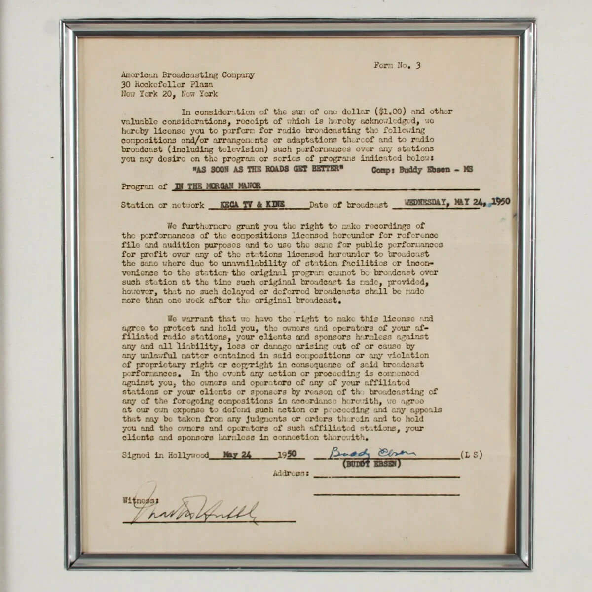 Buddy Ebsen Signed Photo Display w/ Contract - COA JSA, image 3